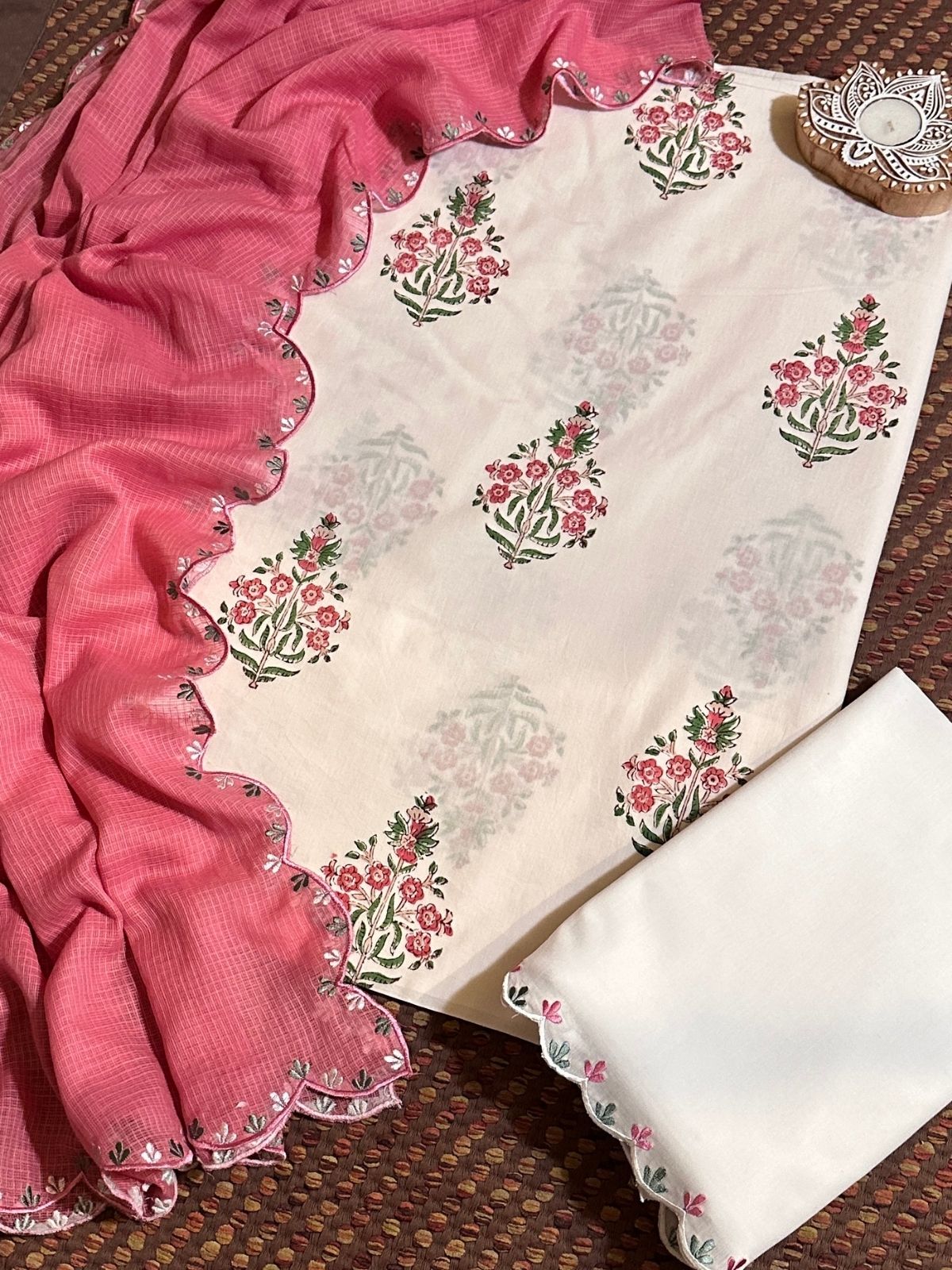 Pure Cotton Hand blocked Fabric with Embroidered Dupatta & Bottom