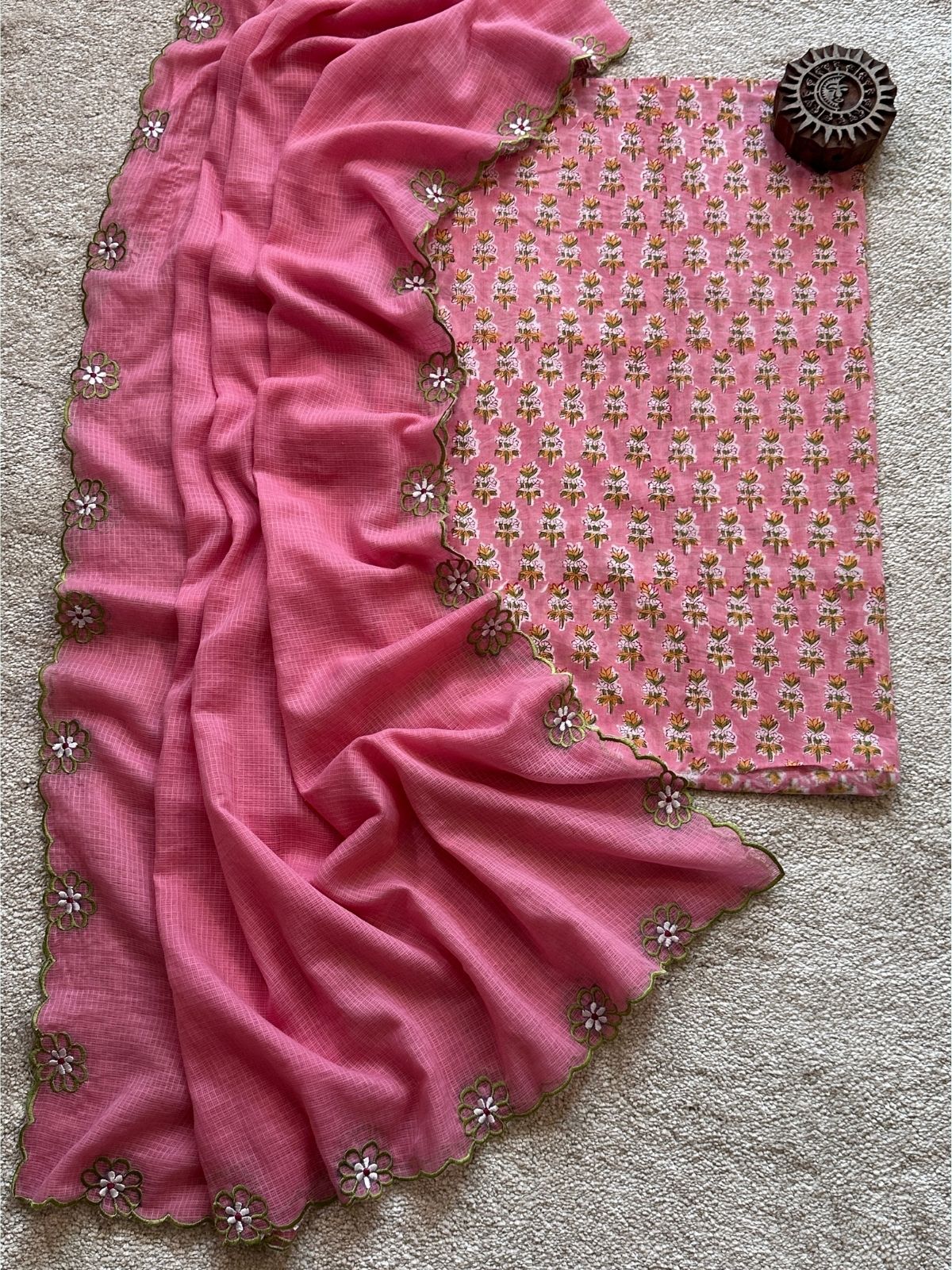 Gulabi Set - Hand Blocked fabric with a embroidered kota doria dupatta.