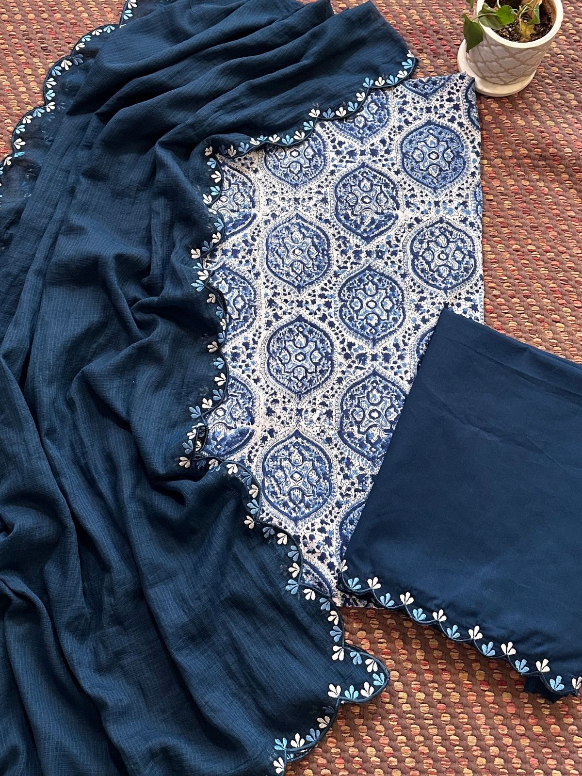 Pure Cotton Hand blocked Set with Embroidered Dupatta