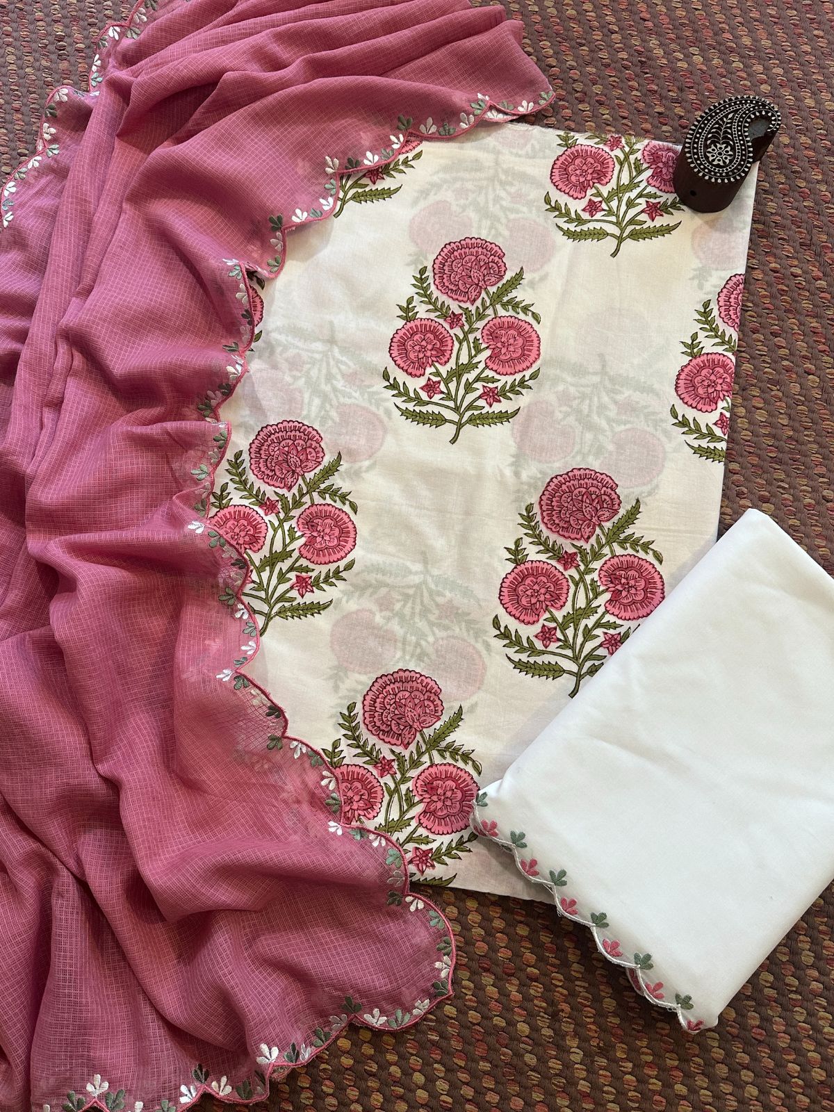 Pure Cotton Hand-block Fabric with Embroidered Bottom & Kota Doria Dupatta