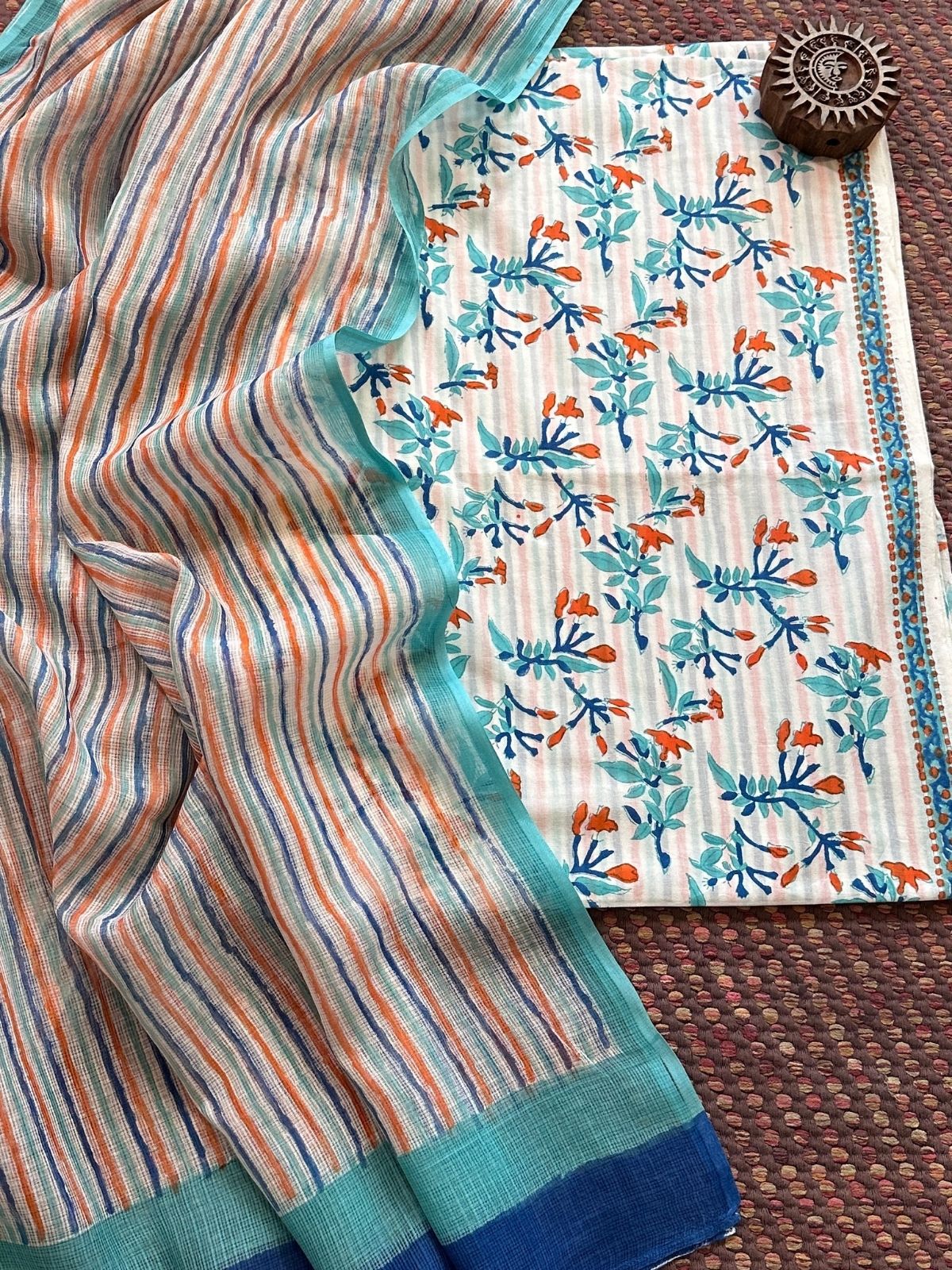 Pure Handblcoked Cotton Unstitched Set with Handblocked Kota Dupatta