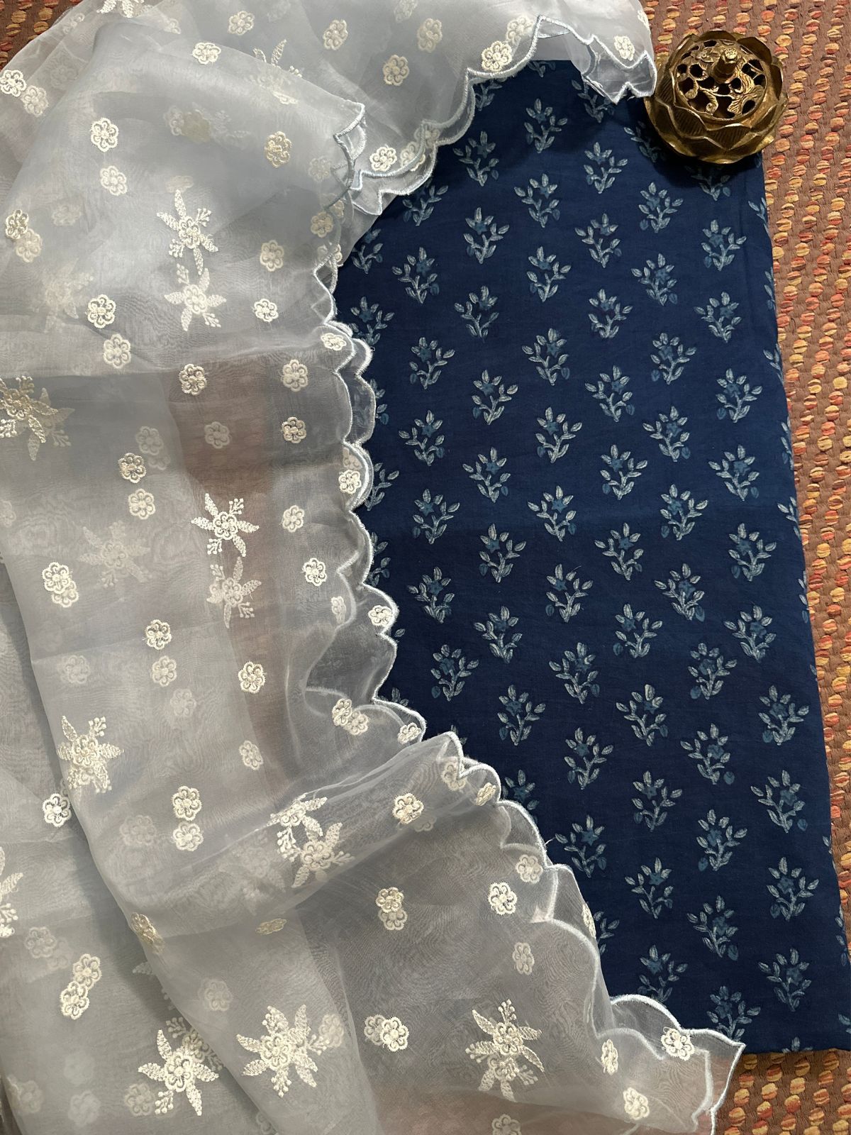 Pure Cotton Handblocked Fabric with Exclusive Cutwork Organza Dupatta