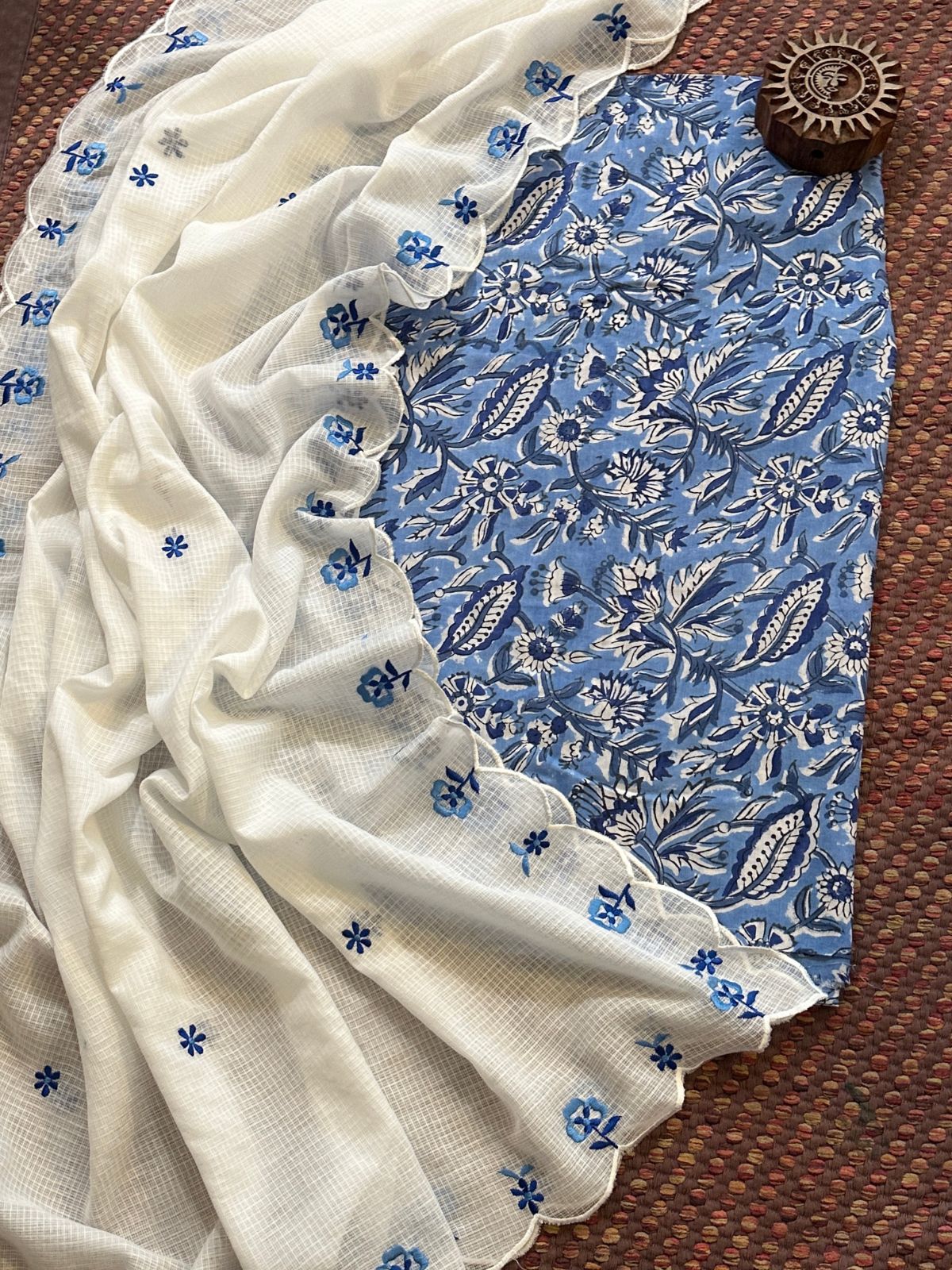 Pure Cotton Handblocked Fabric with Embroidered Dupatta