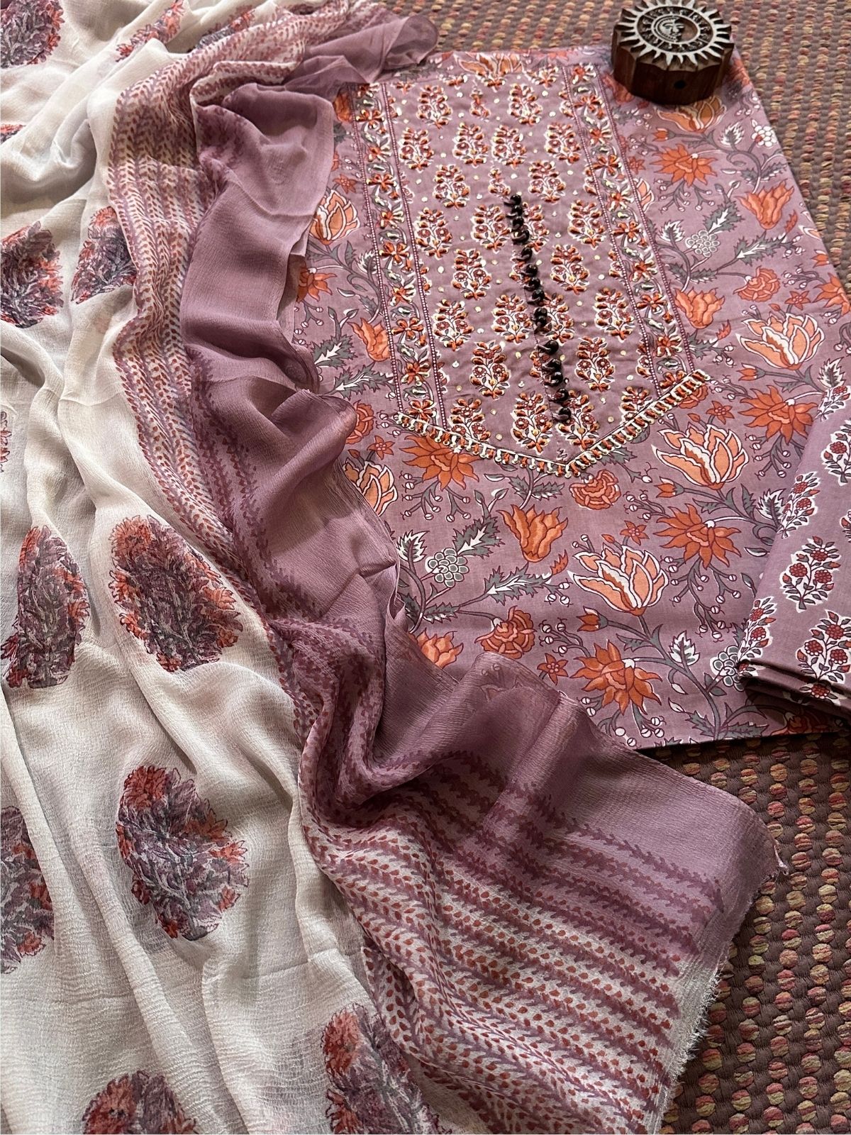 Pure Cotton Handblocked Unstitched Set with pure chiffon Dupatta