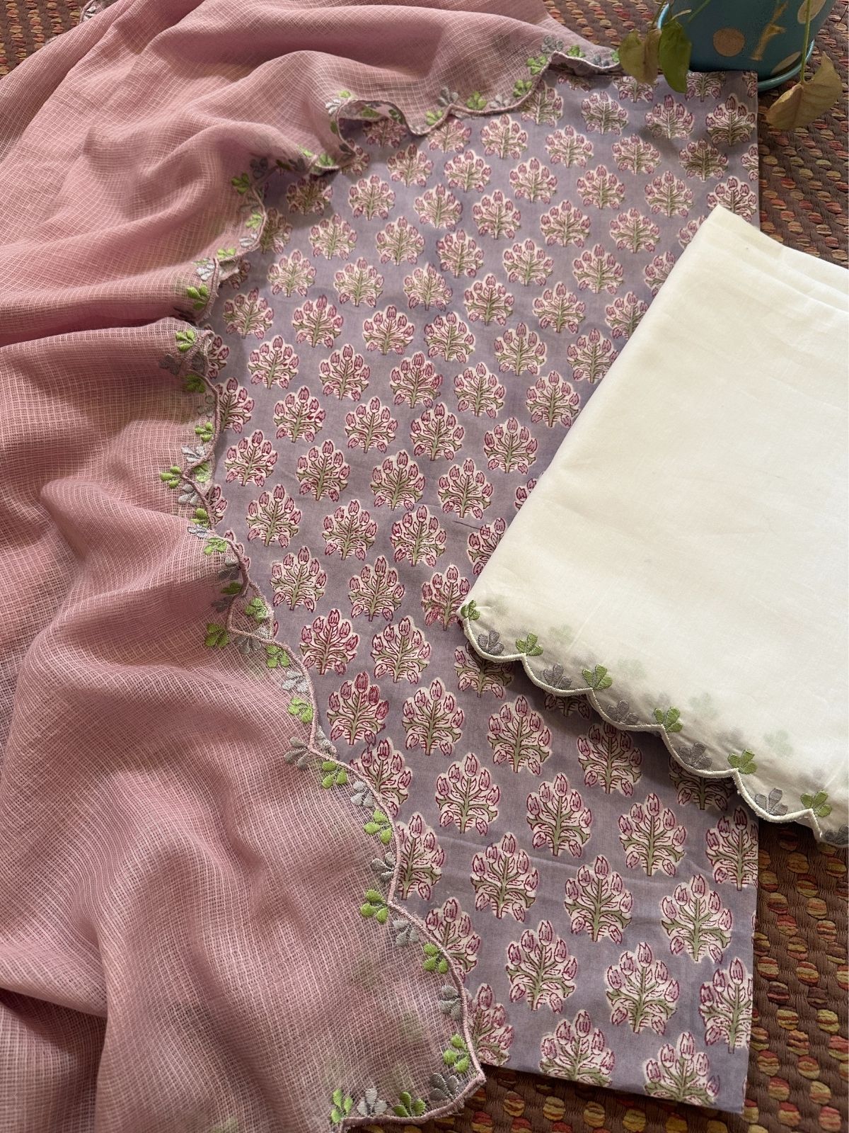 Pure Cotton Hand-block Fabric with Exclusive Embroidered Bottom & Kota Doria Dupatta