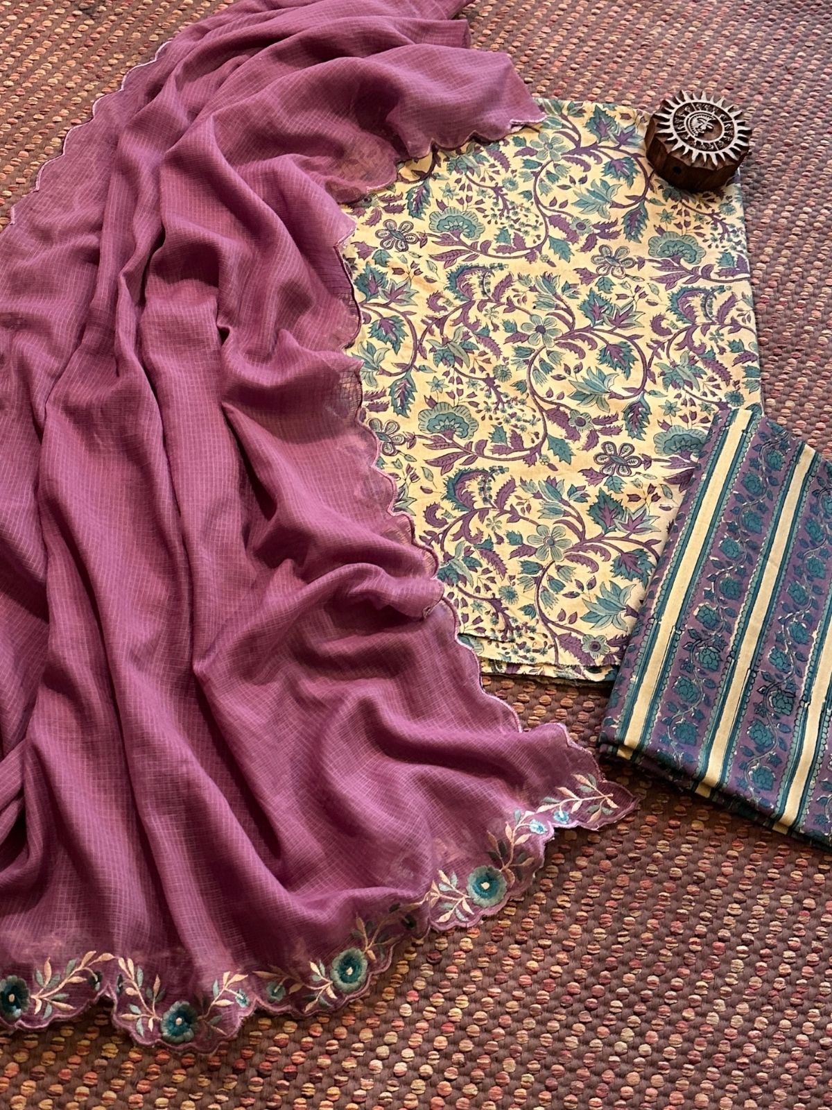 Pure Cotton Hand-blocked Fabric with Embroidered Dupatta