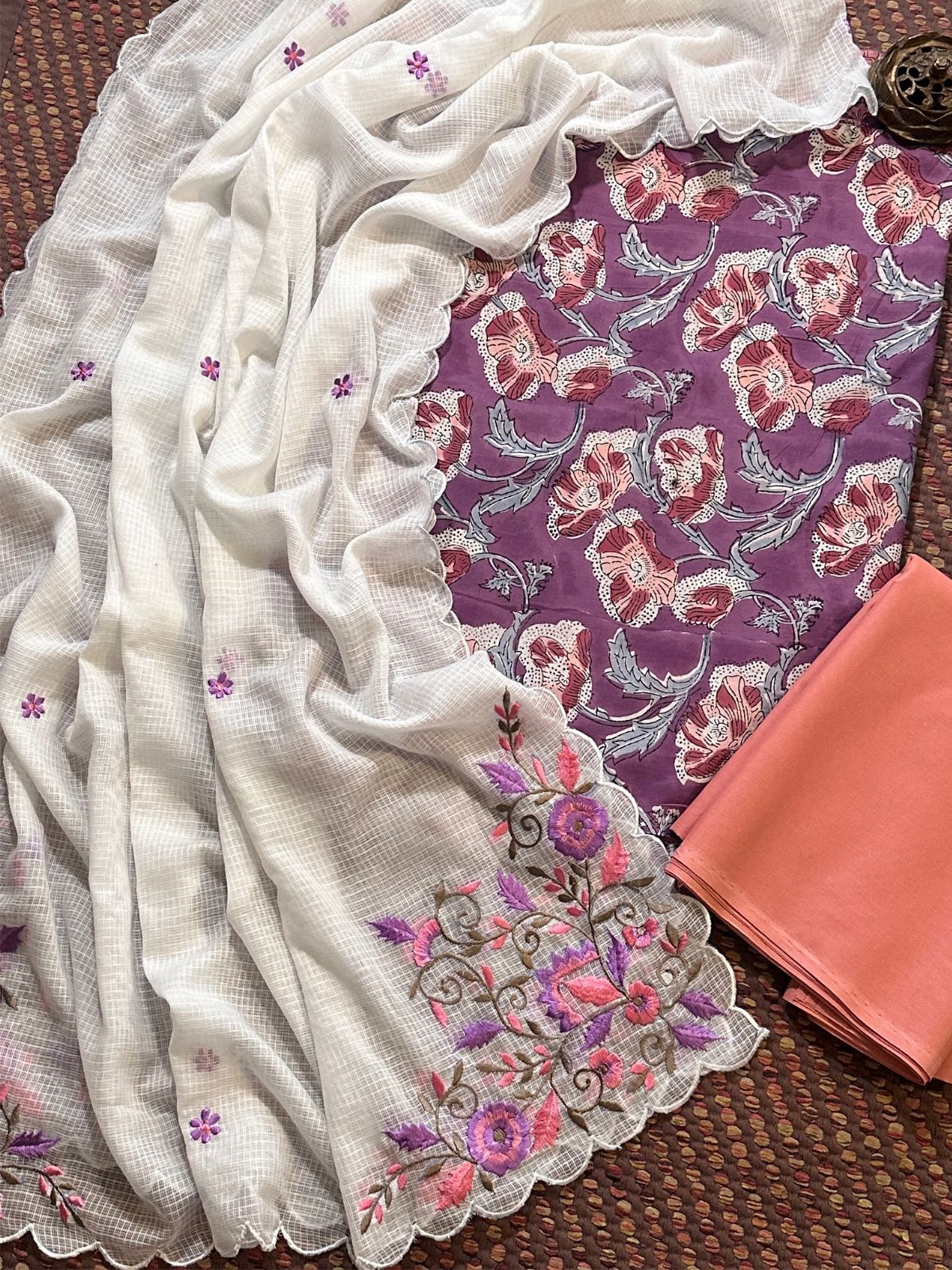 Pure Cotton Hand-block Fabric with Embroidered Bottom & Kota Doria Dupatta