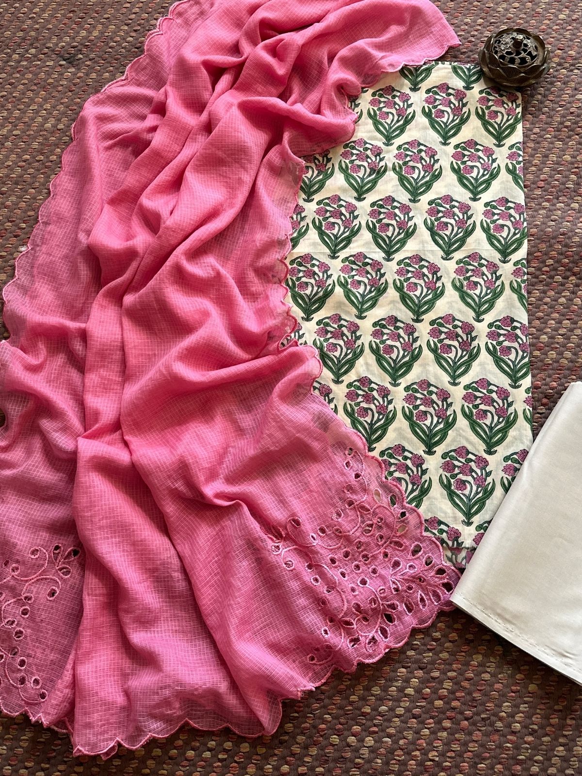 Pure Cotton Hand-blocked Fabric Set with Cutwork Kota Doria Dupatta