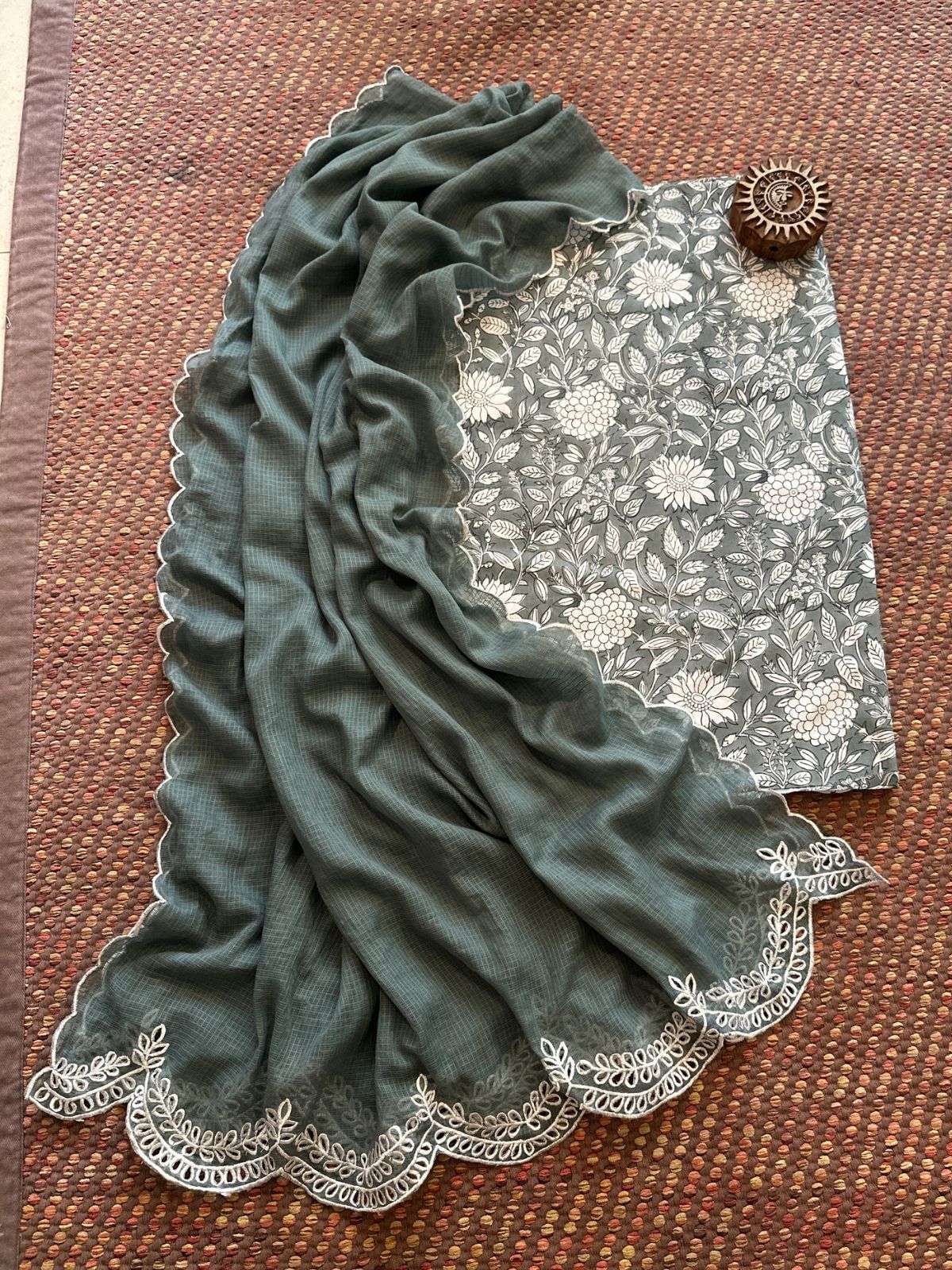 Pure Cotton Handblock Fabric with Cutwork Embroidered Dupatta