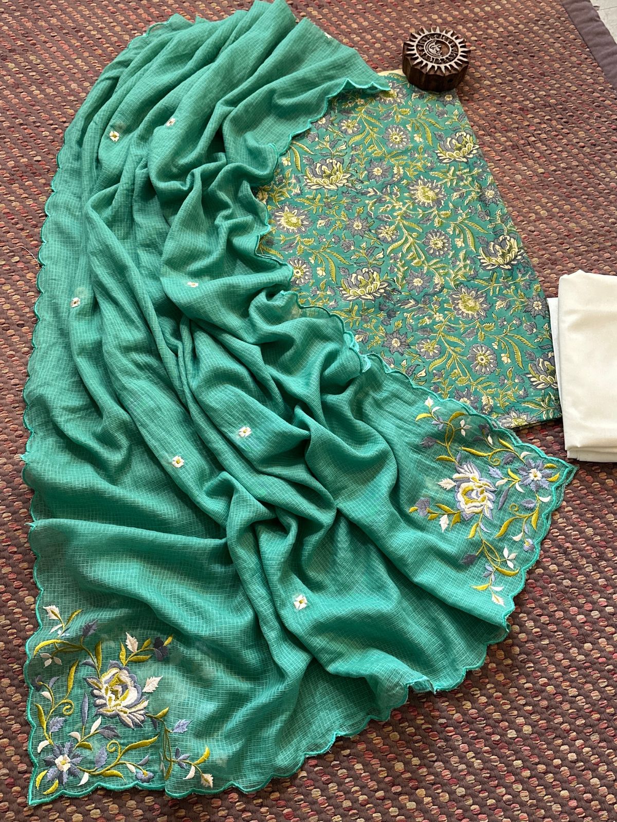 Pure Cotton Hand-blocked Fabric with Embroidered Dupatta