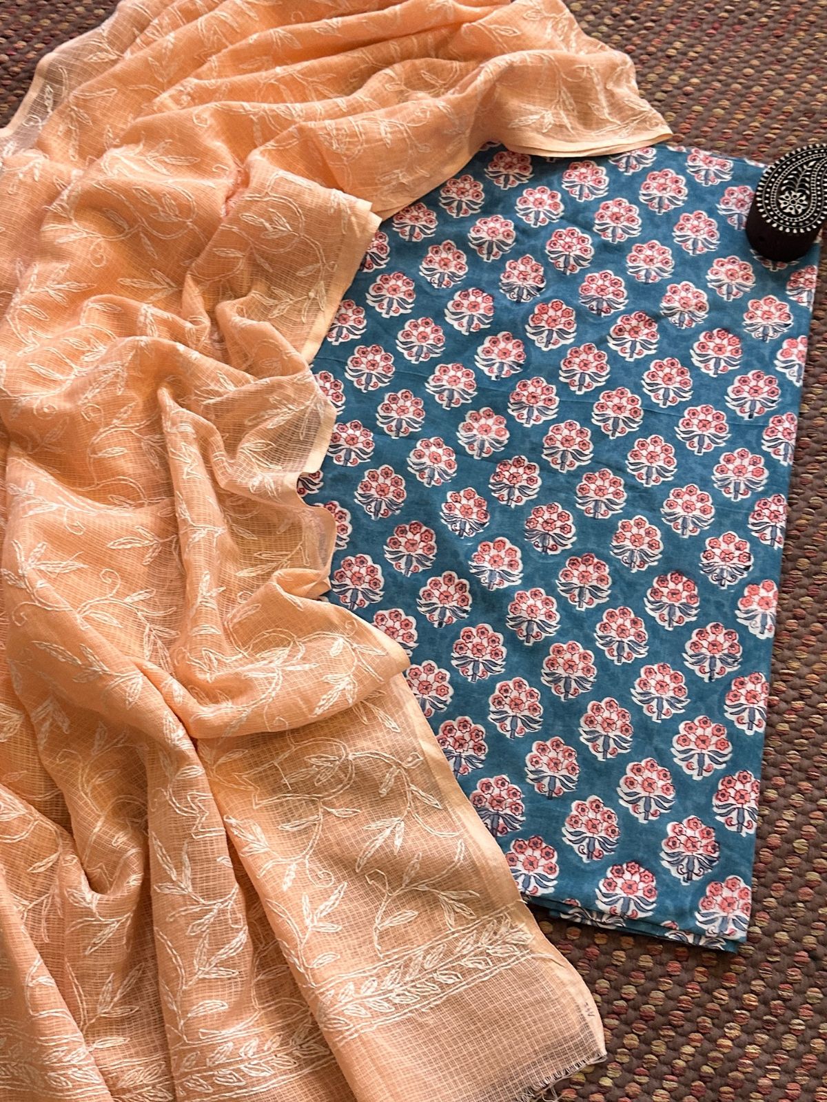 Pure Cotton Hand Blocked Fabric with Chikankari Dupatta