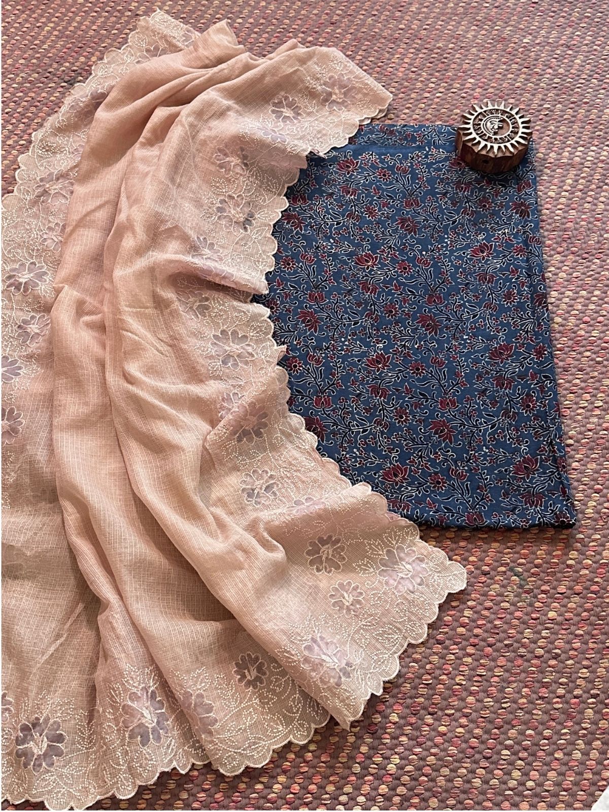 Ajrakh handblocked pure cotton mamal fabric with kota doria embroidered dupatta