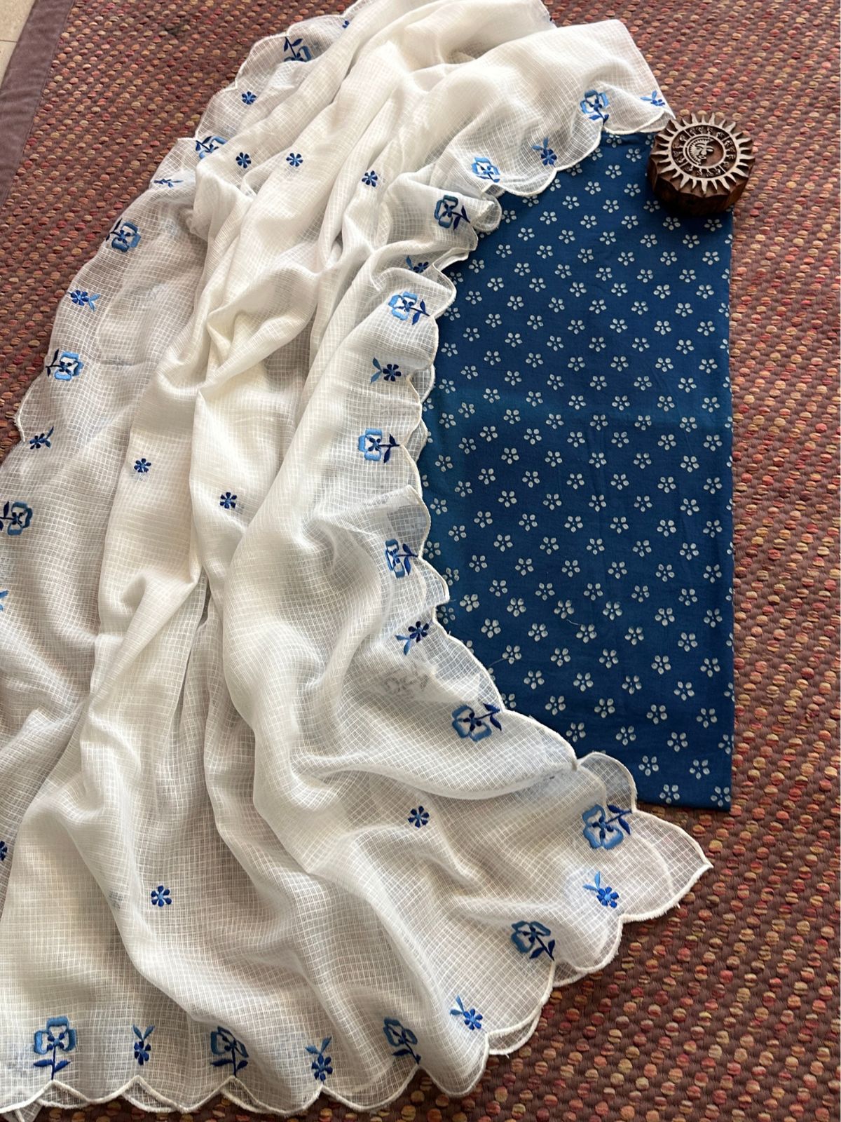 Pure Cotton Indigo Hand-block Fabric with Exclusive Embroidered Kota Doria Dupatta
