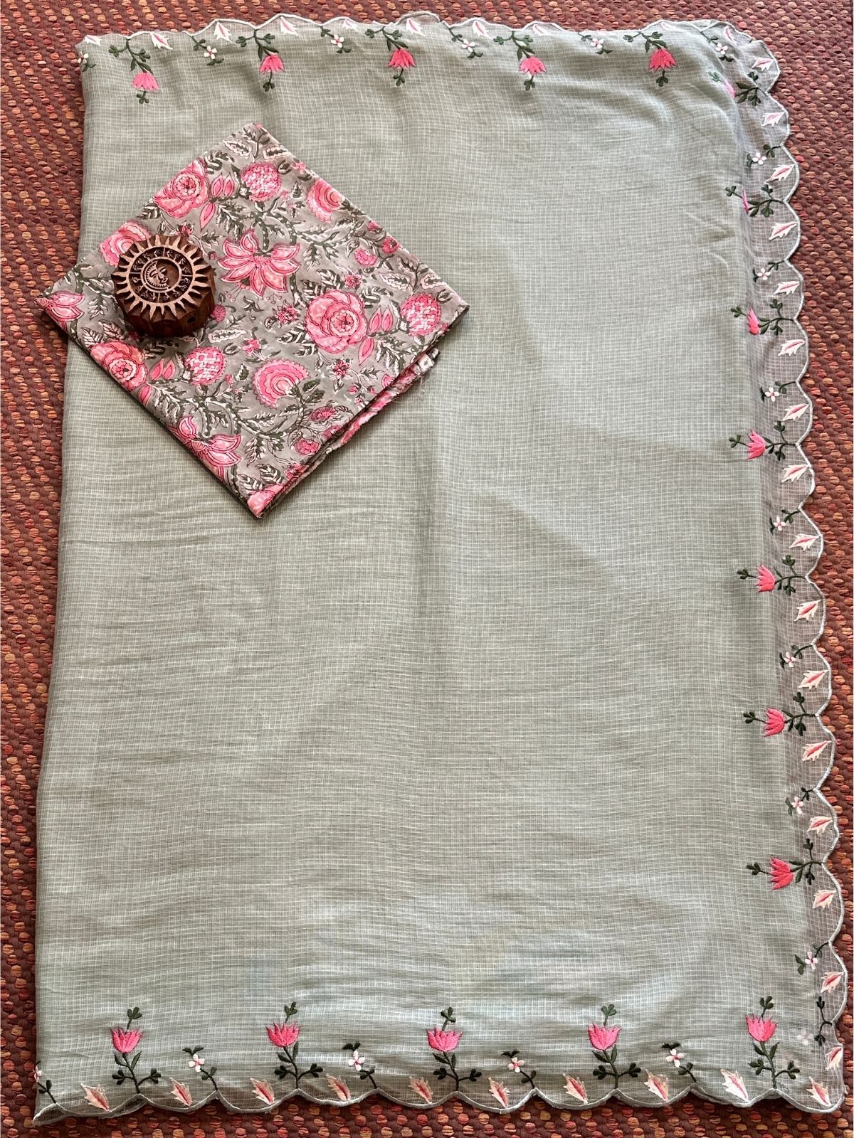 Kota Doria Embroidered Saree with Hand-blocked pure cotton Blouse Fabric