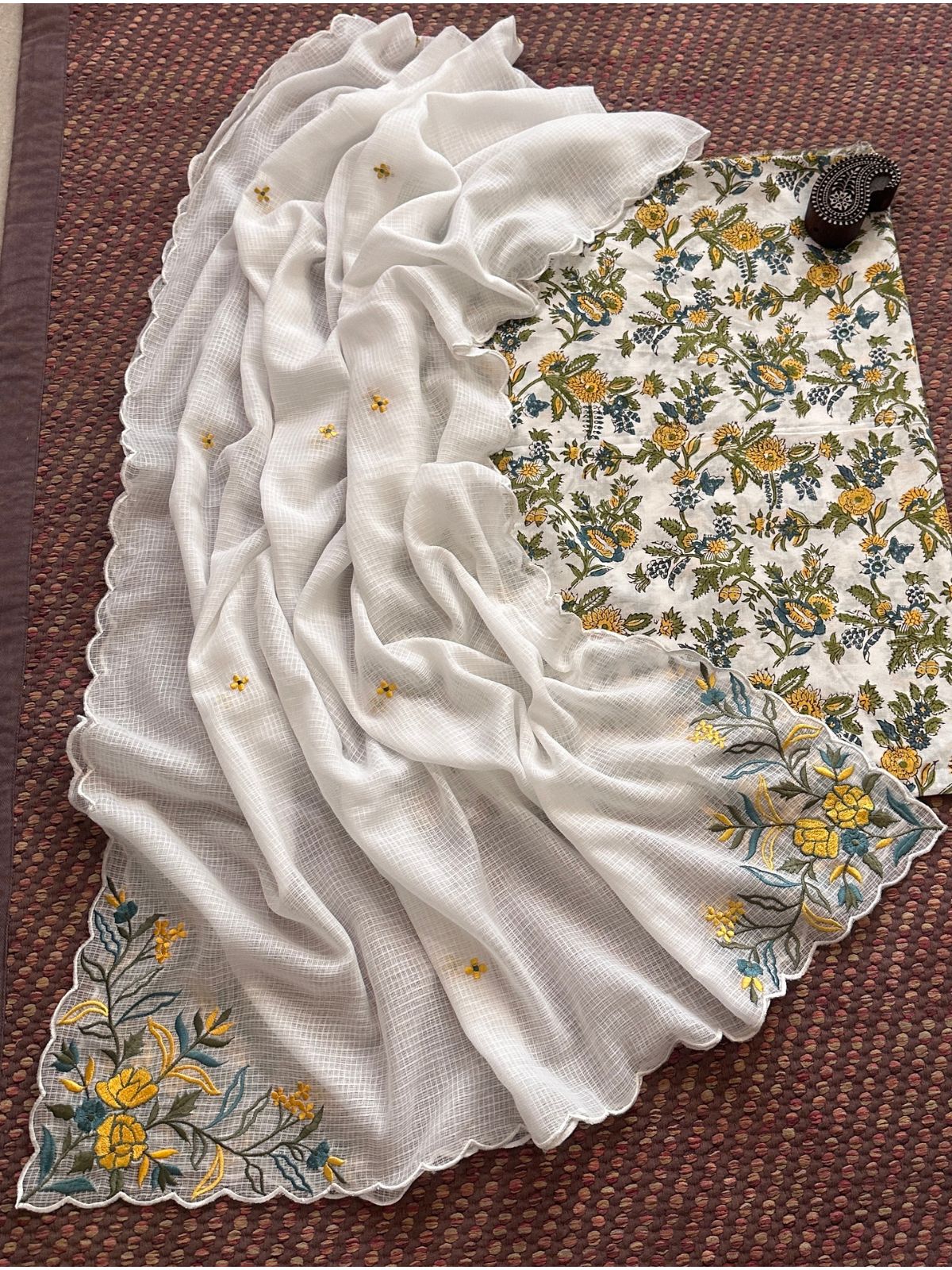 Pure Cotton Handblock Fabric with Exclusive Embroidered Dupatta