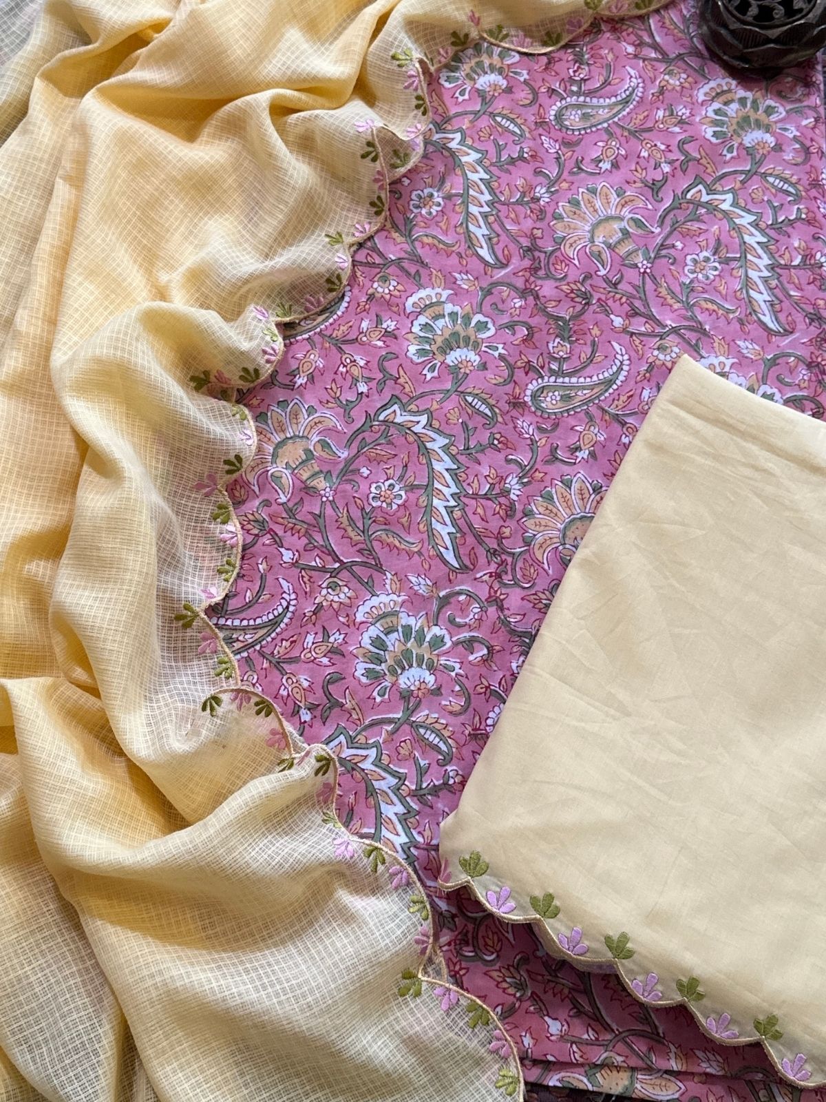 Pure Cotton Hand-block Fabric with Embroidered Bottom & Kota Doria Dupatta