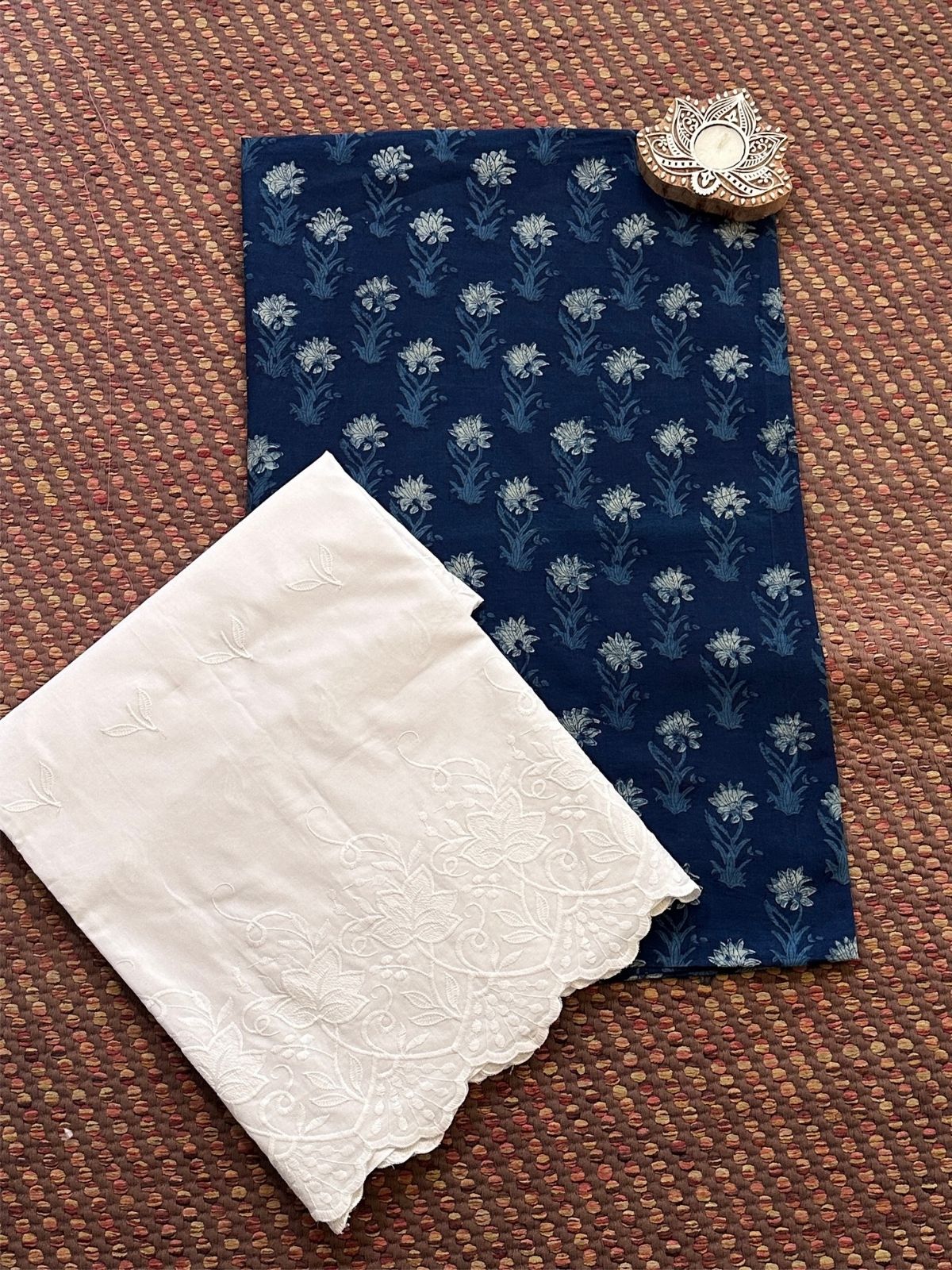 Pure Cotton Indigo Handblocked Fabric with Embroidered Bottom