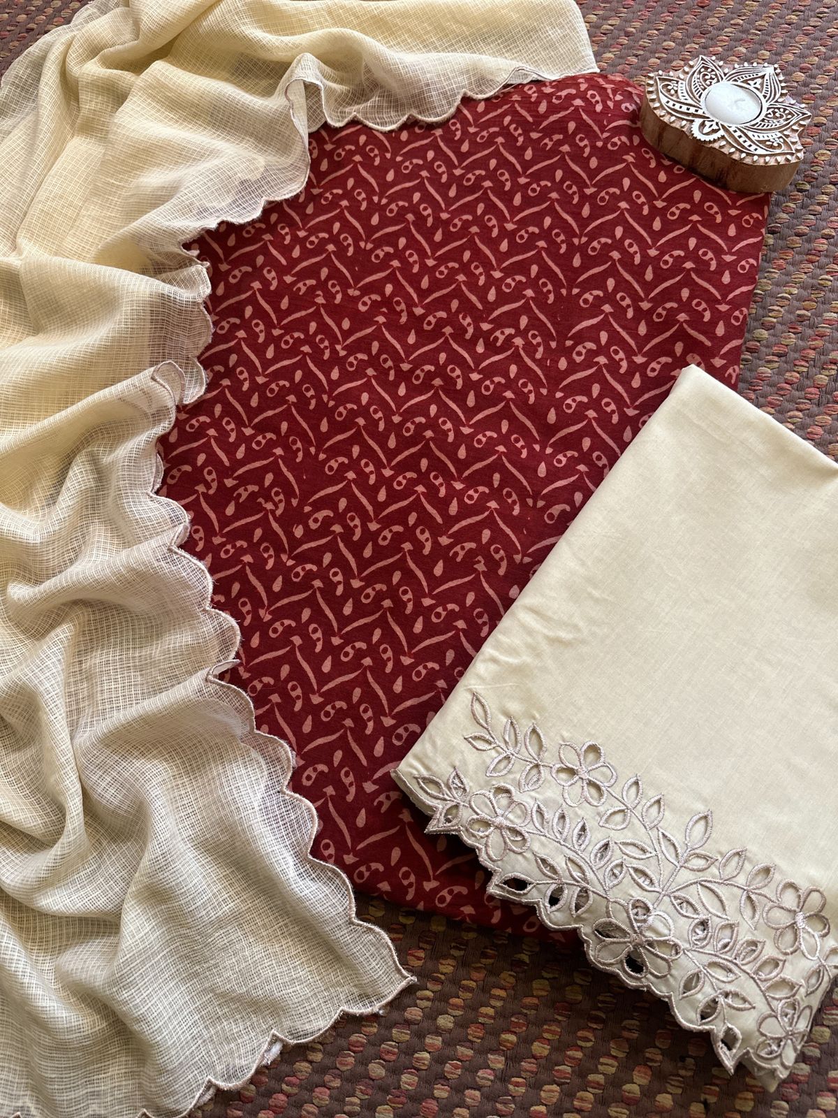 Pure Cotton Mul Ajrak with Scalloped Dupatta & Cutwork Bottom