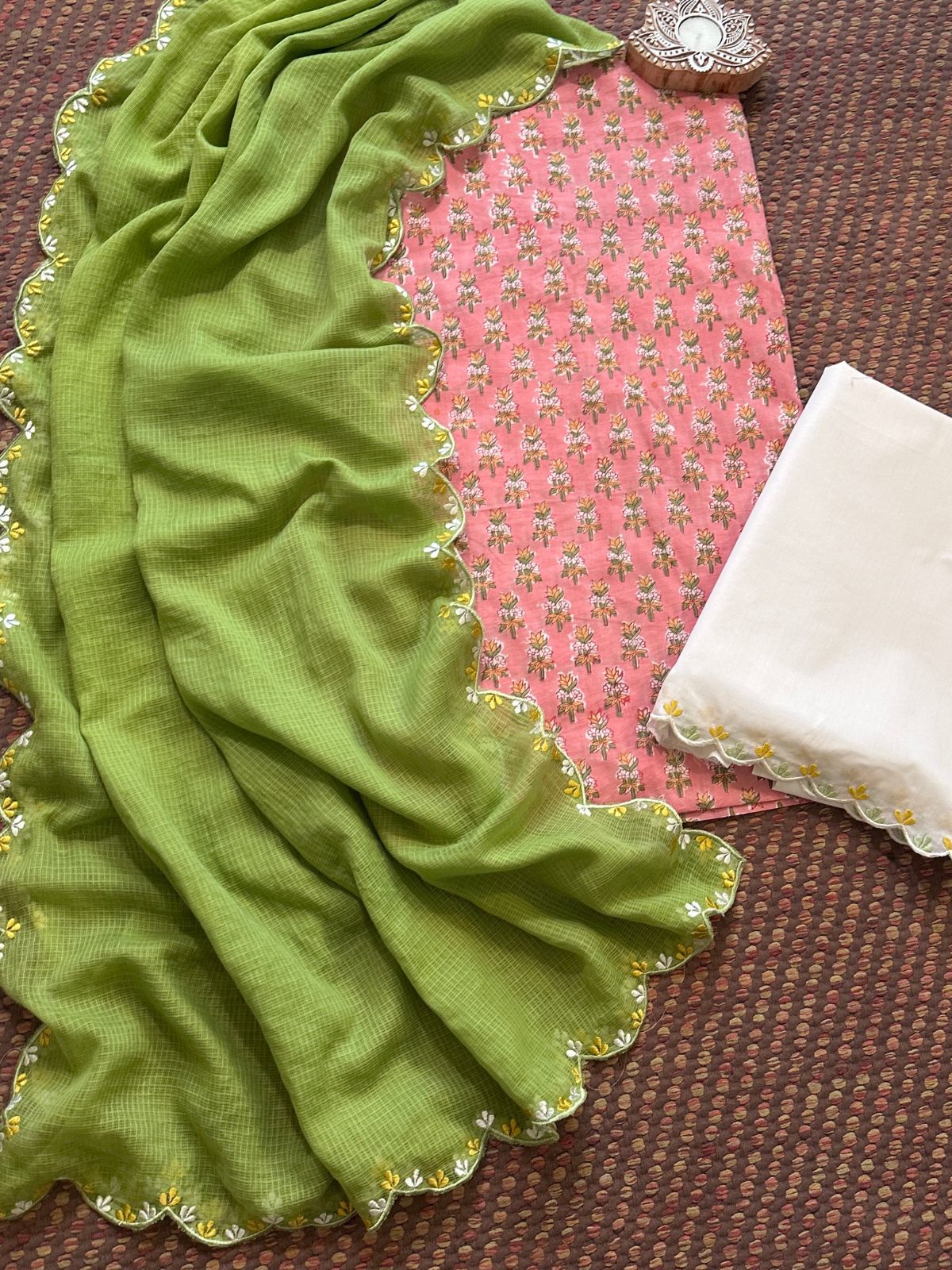 Pure Cotton Hand blocked Set with Embroidered Dupatta