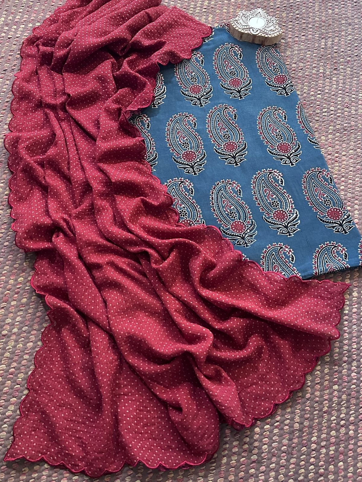 Ajrakh Cotton Malmal Handblocked Set- Top & Dupatta