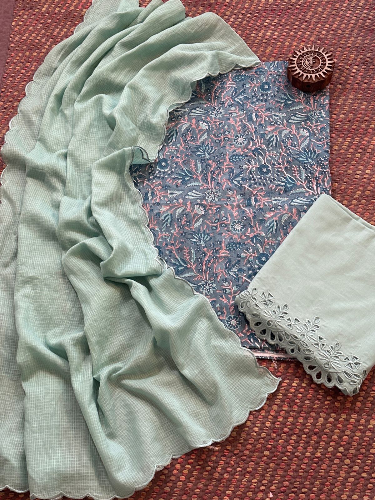 Pure Cotton Hand-blocked Fabric with Cutwork Bottom & Kota Doria Dupatta