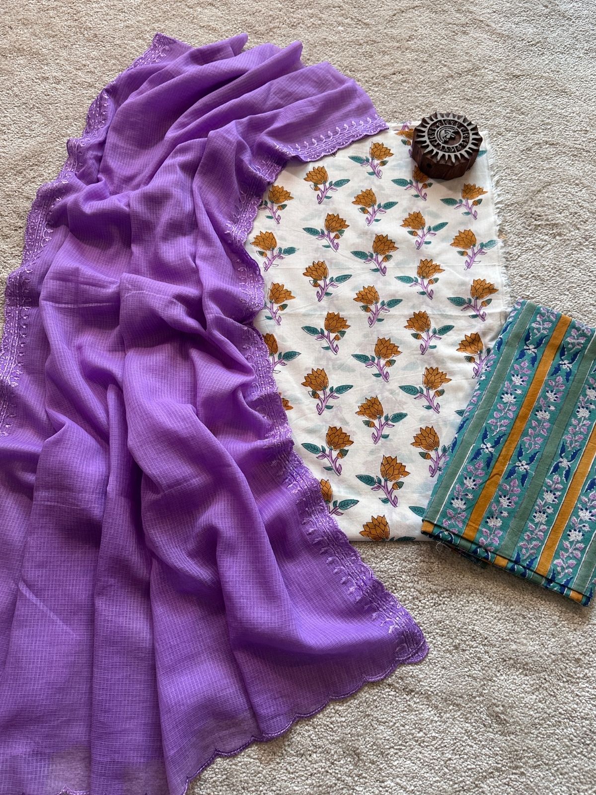 Spring Garden Set- Hand-block Fabric with Embroidered Dupatta