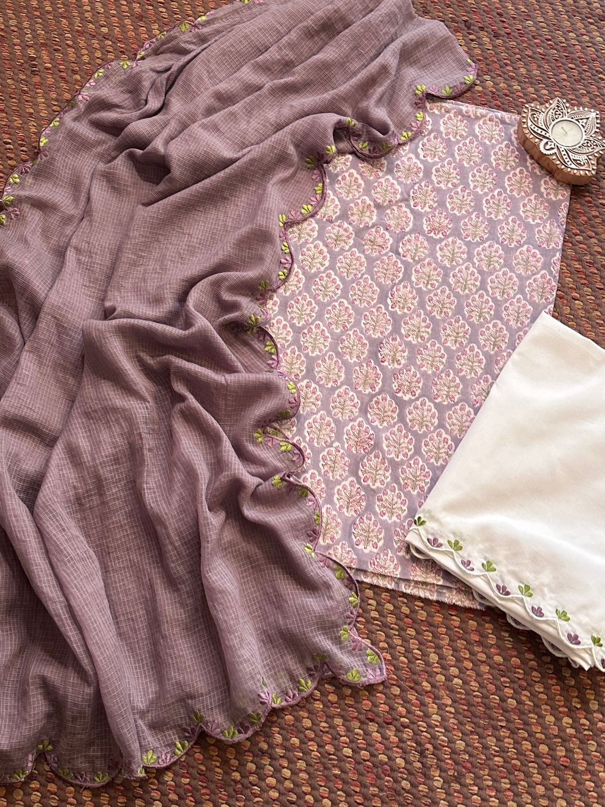 Pure Cotton Hand-block Fabric with Embroidered Bottom & Kota Doria Dupatta