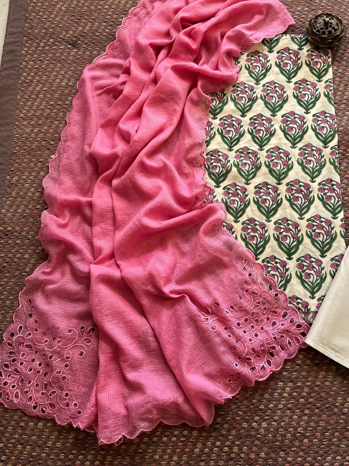 Pure Cotton Hand-blocked Fabric Set with Cutwork Kota Doria Dupatta