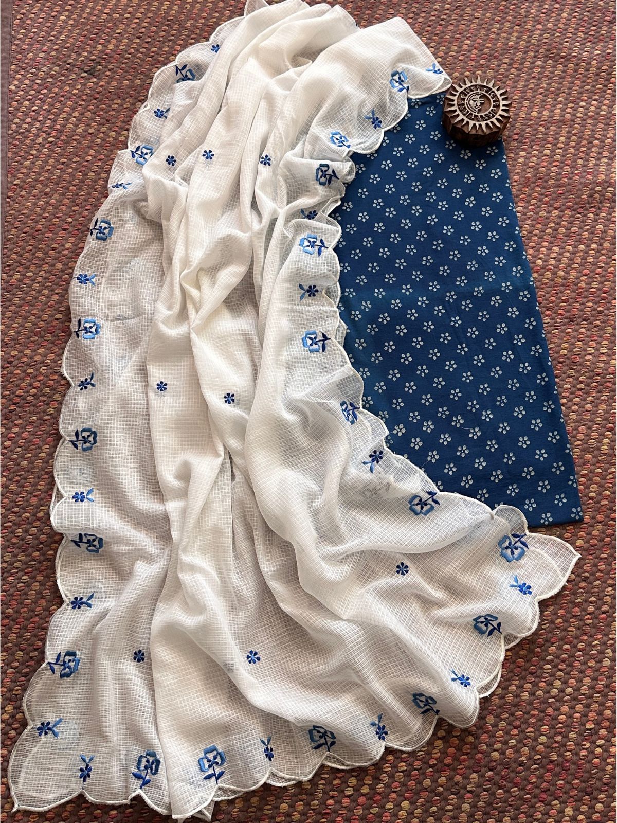 Pure Cotton Indigo Hand-block Fabric with Exclusive Embroidered Kota Doria Dupatta