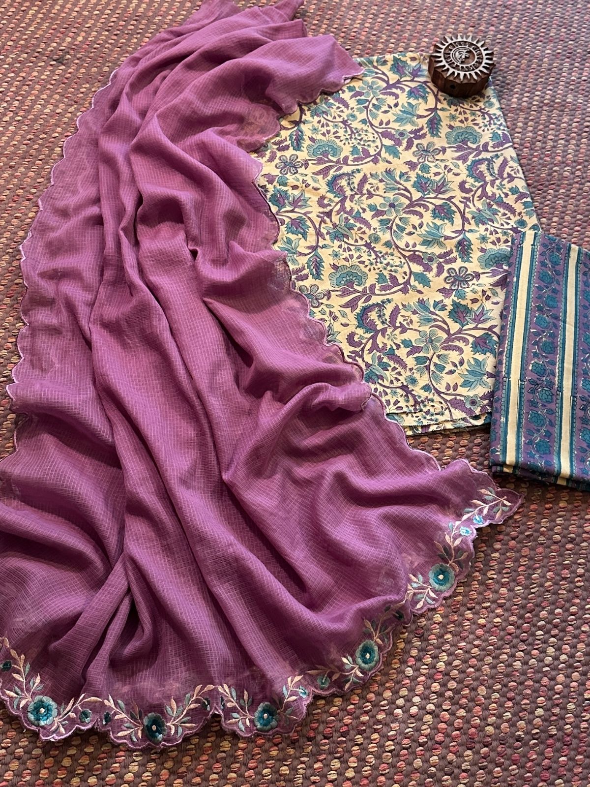 Pure Cotton Hand-blocked Fabric with Embroidered Dupatta