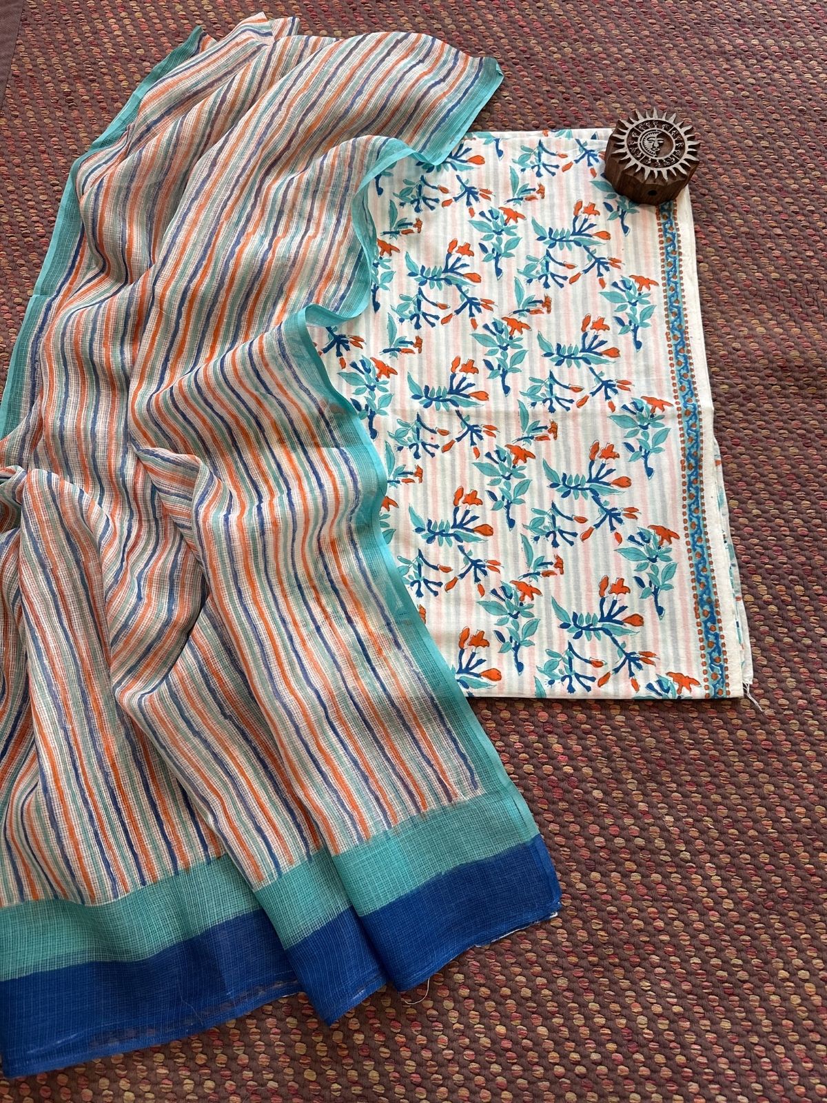 Pure Handblcoked Cotton Unstitched Set with Handblocked Kota Dupatta