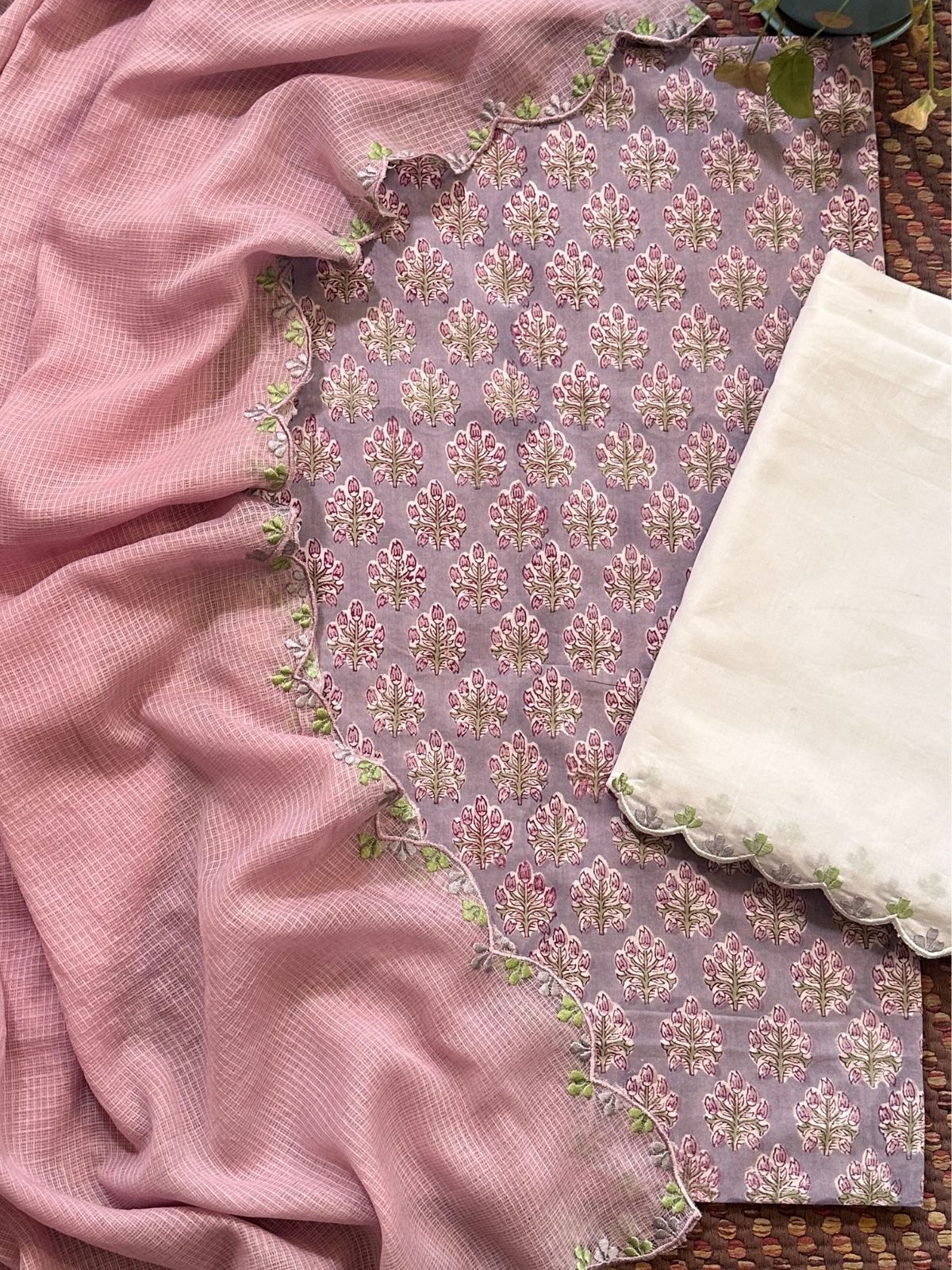 Pure Cotton Hand-block Fabric with Exclusive Embroidered Bottom & Kota Doria Dupatta