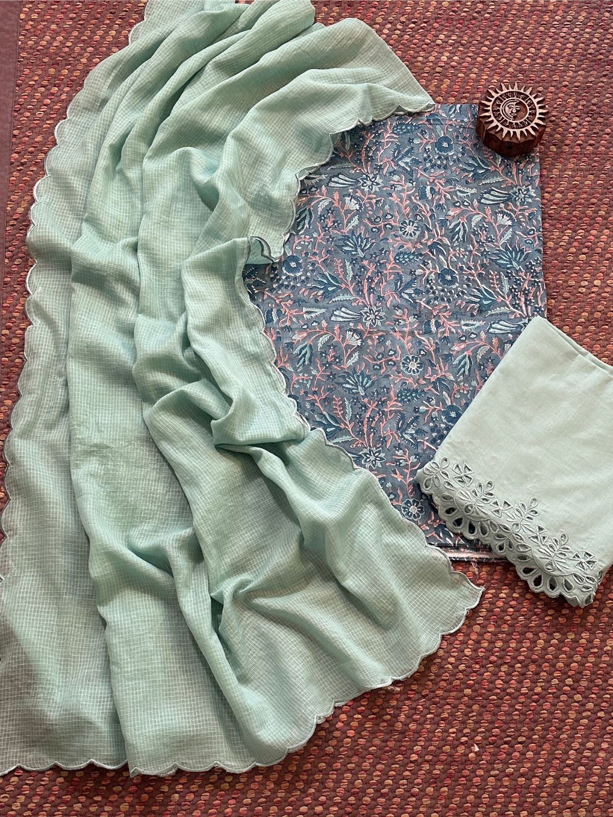 Pure Cotton Hand-blocked Fabric with Cutwork Bottom & Kota Doria Dupatta