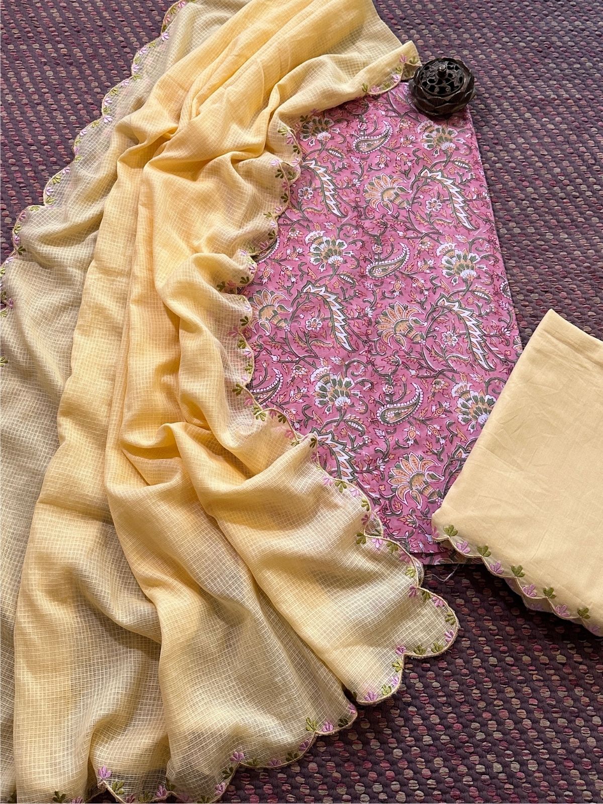Pure Cotton Hand-block Fabric with Embroidered Bottom & Kota Doria Dupatta