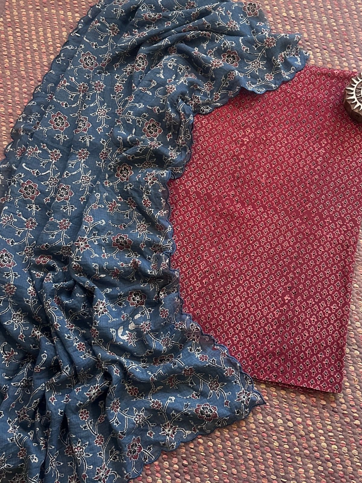 Ajrakh Cotton Malmal Handblocked Set- Top & Dupatta
