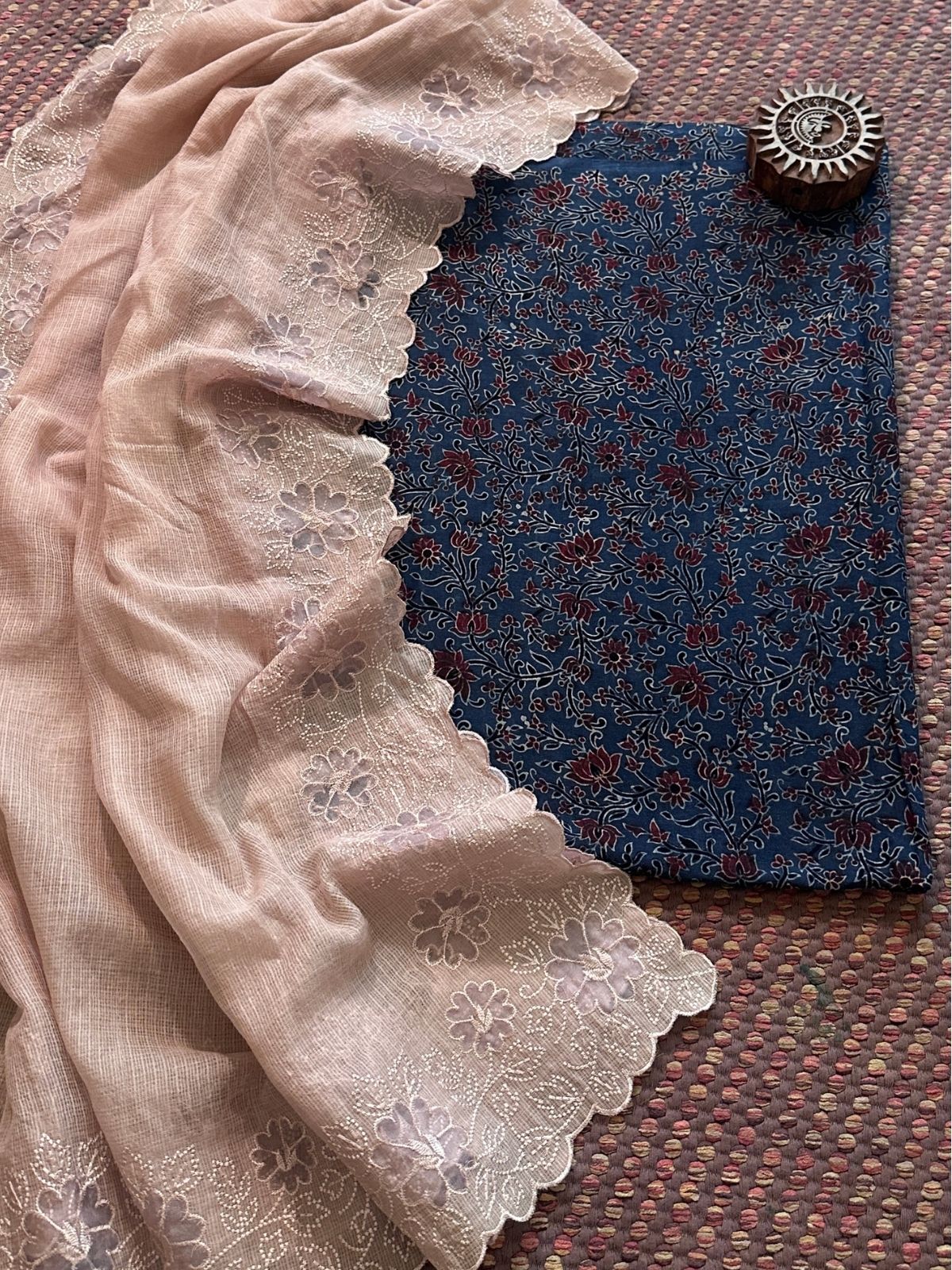 Ajrakh handblocked pure cotton mamal fabric with kota doria embroidered dupatta