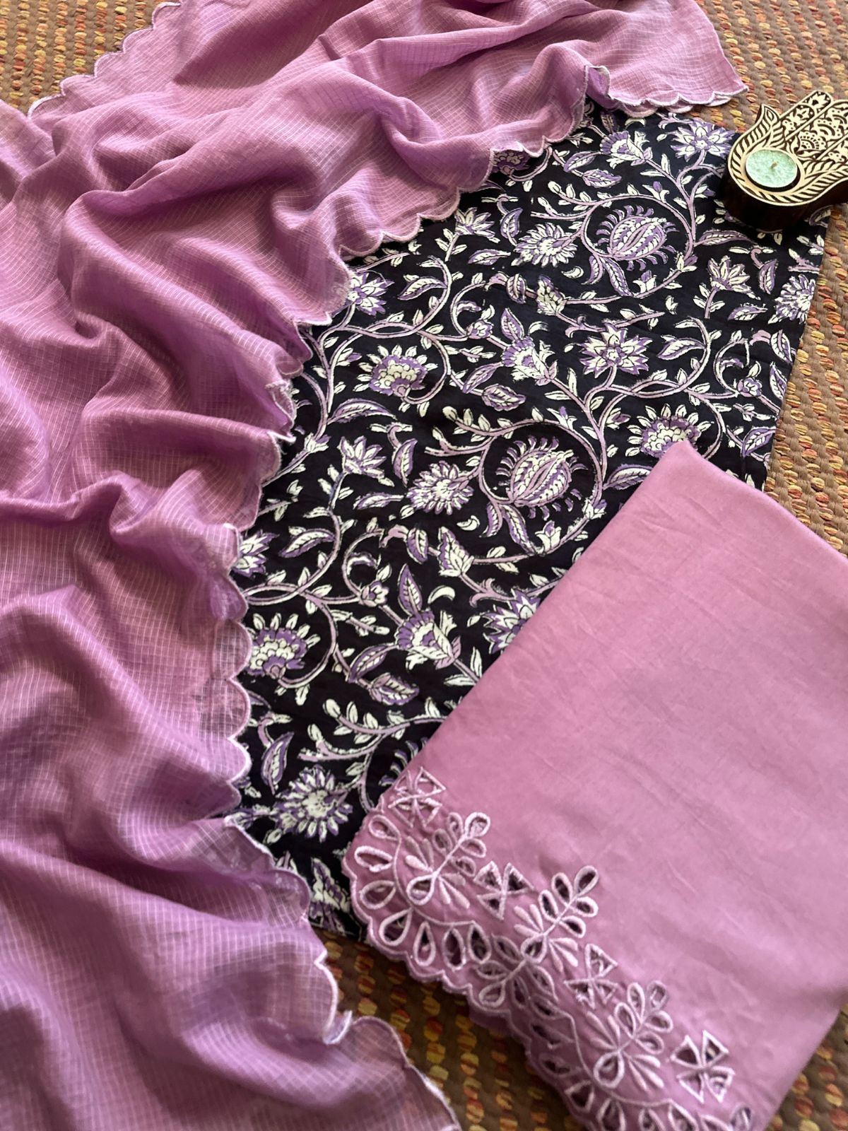 Pure Cotton Hand-blocked Fabric with Cutwork Bottom & Kota Doria Dupatta