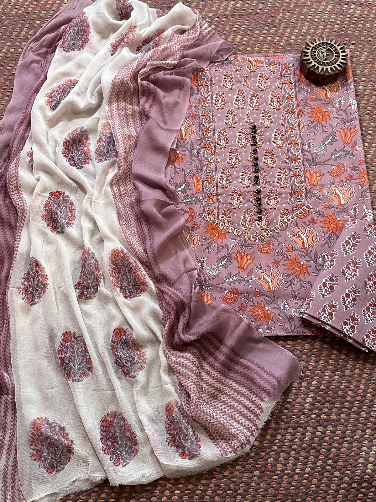 Pure Cotton Handblocked Unstitched Set with pure chiffon Dupatta