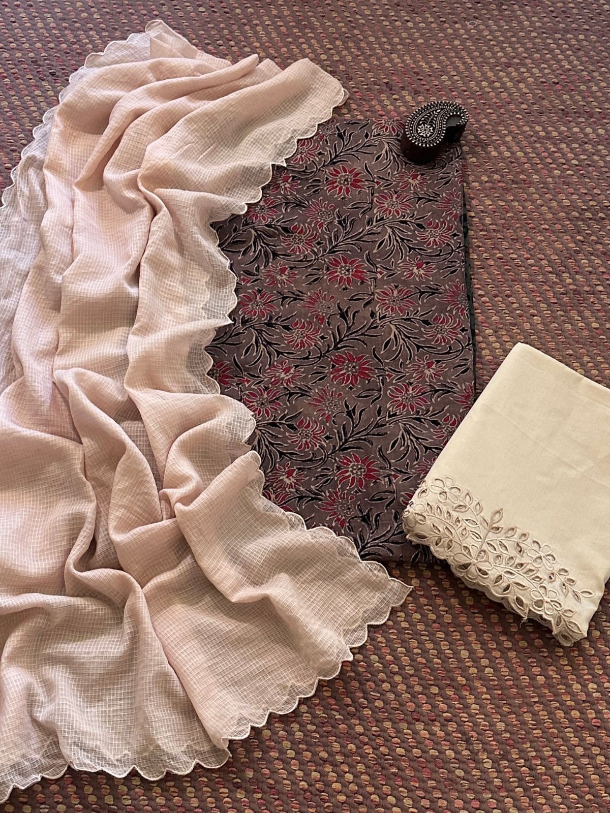 Pure Cotton Mul Ajrak with Scalloped Dupatta & Cutwork Bottom