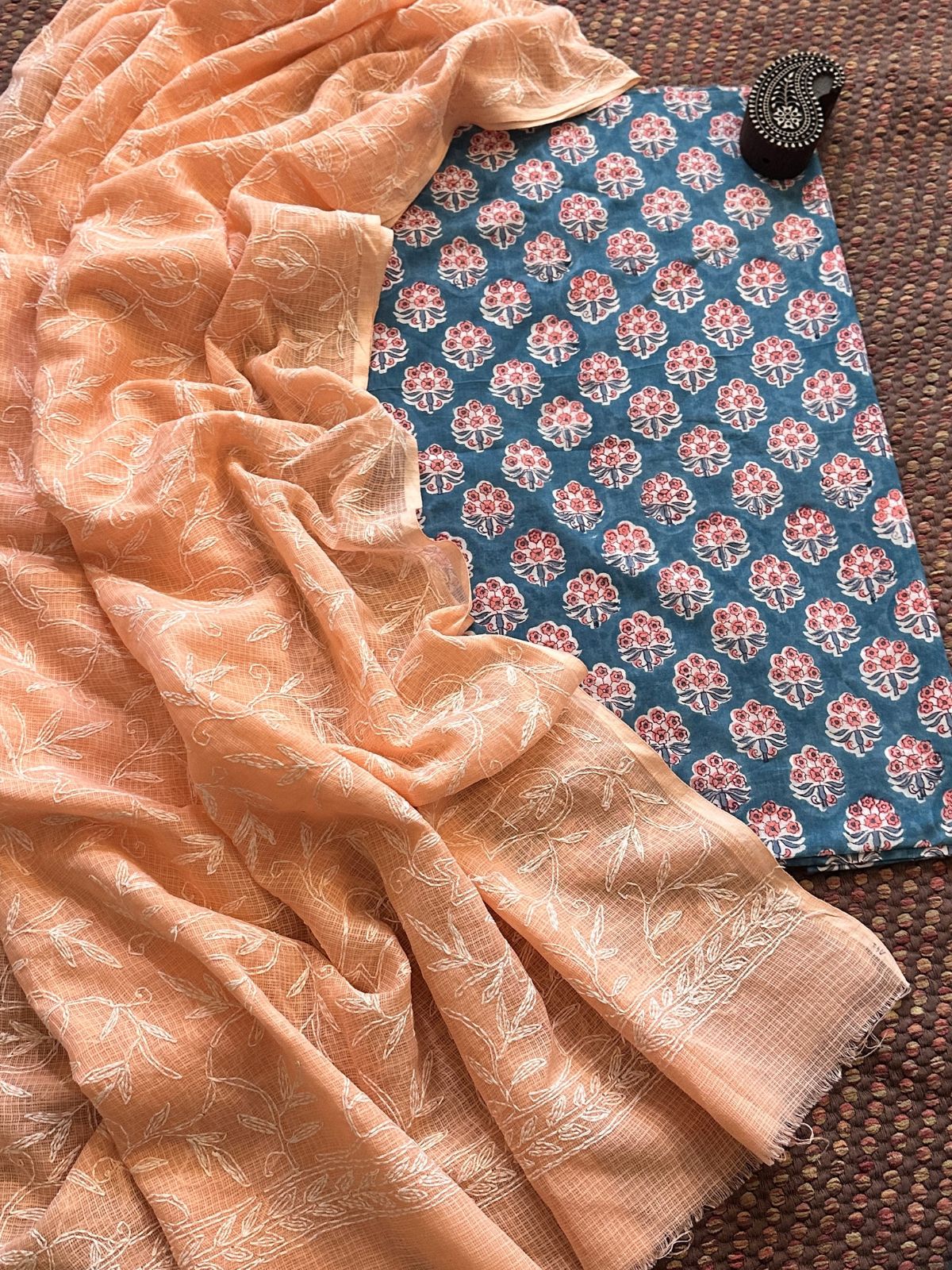 Pure Cotton Hand Blocked Fabric with Chikankari Dupatta