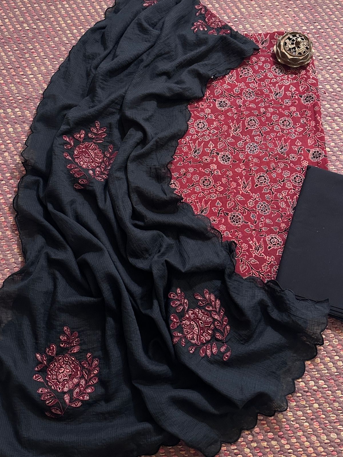Ajrakh Cotton Malmal Unstitched Set with Applique Kota Dupatta