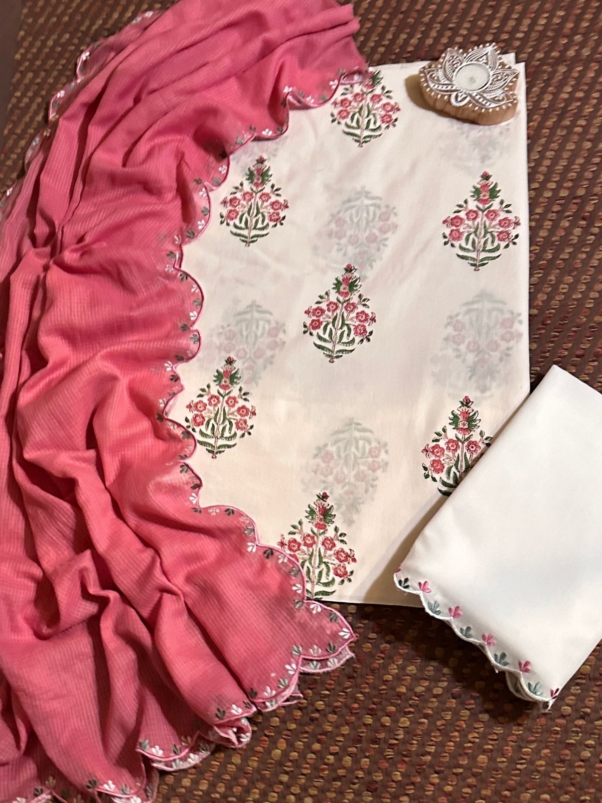 Pure Cotton Hand blocked Fabric with Embroidered Dupatta & Bottom