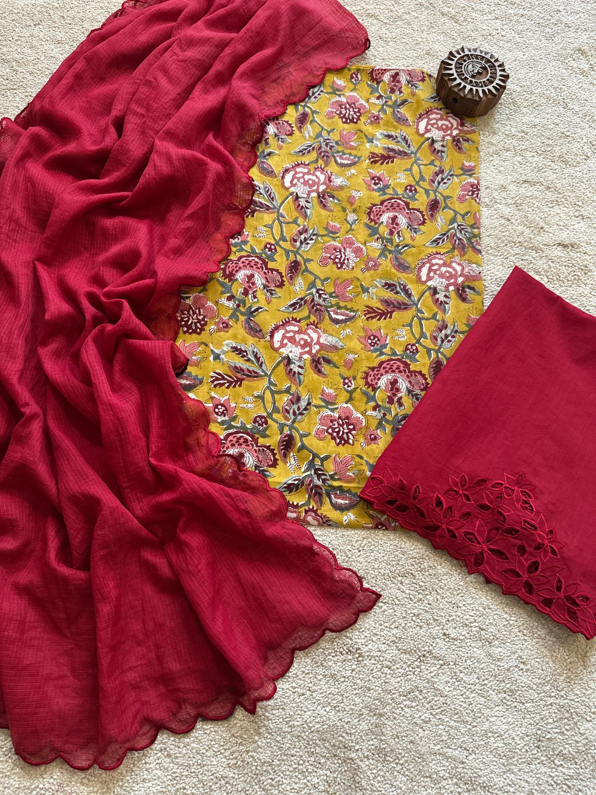 Pure Taj Cotton Hand-blocked Fabric with Cutwork Bottom & Kota Doria Dupatta