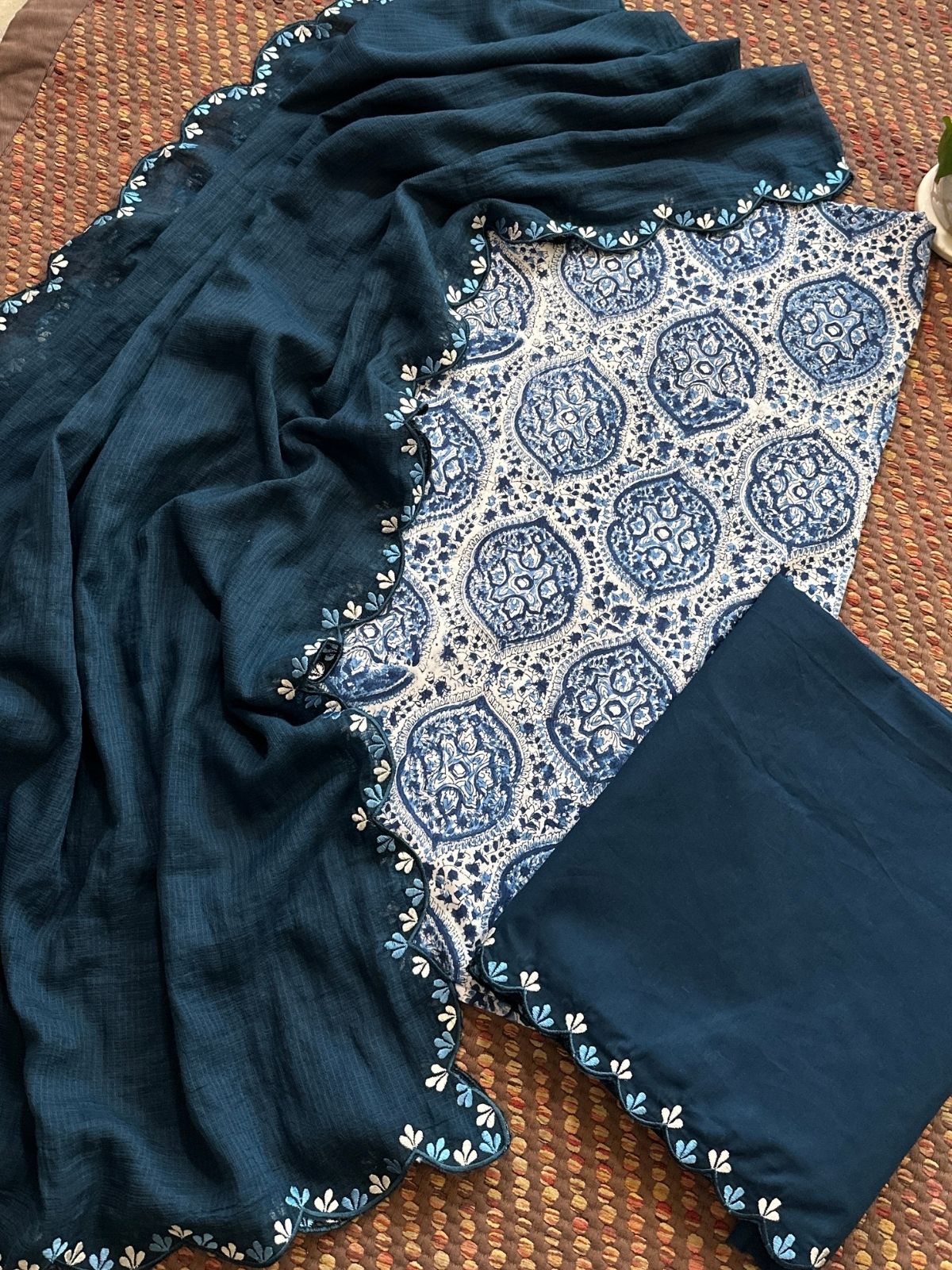 Pure Cotton Hand blocked Set with Embroidered Dupatta