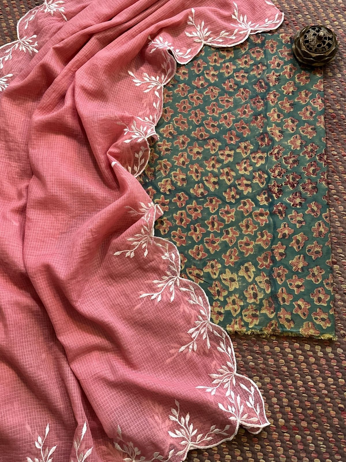 Pure Cotton Mul Hand-Block Fabric with Embroidered Dupatta