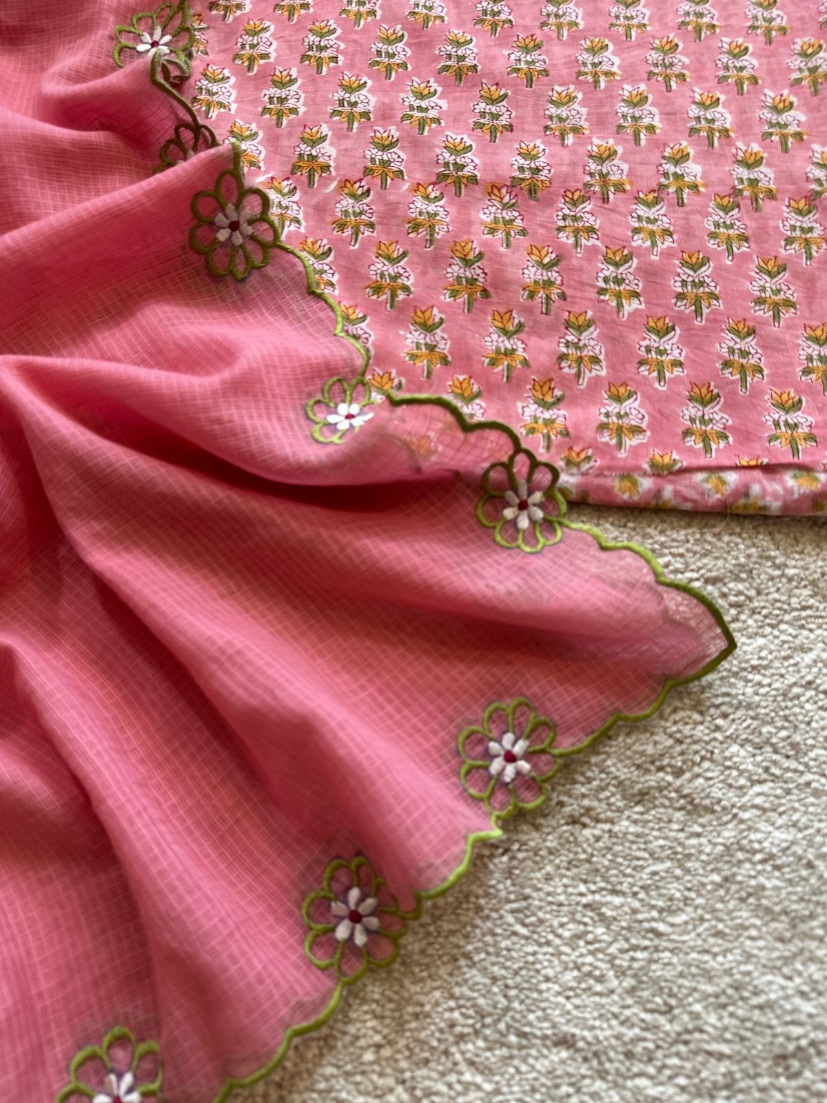 Gulabi Set - Hand Blocked fabric with a embroidered kota doria dupatta.