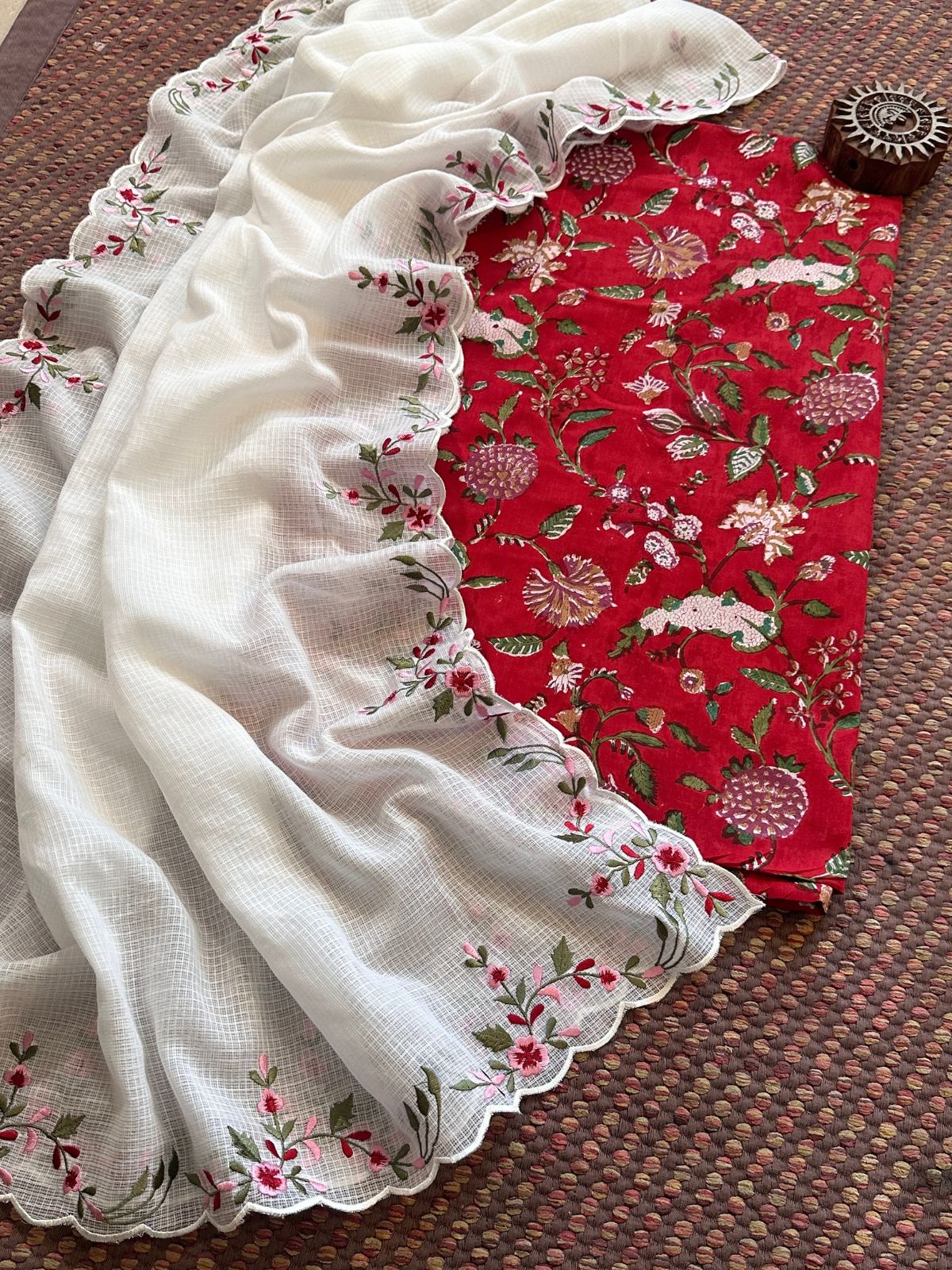 Pure Cotton Handblock Fabric with Exclusive Embroidered Dupatta