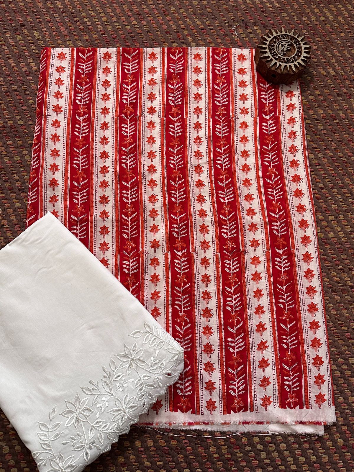 Pure Cotton Hand-blocked Fabric with Embroidered Bottom