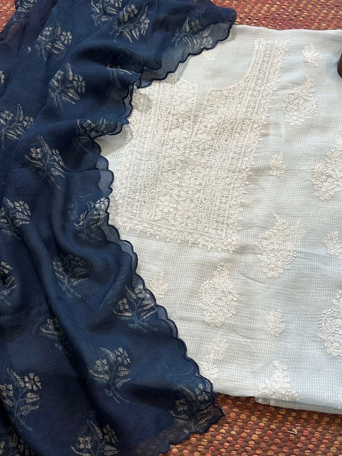 Chikankari Hand Embroidered Fabric with Indigo Hadblocked Kota Dupatta
