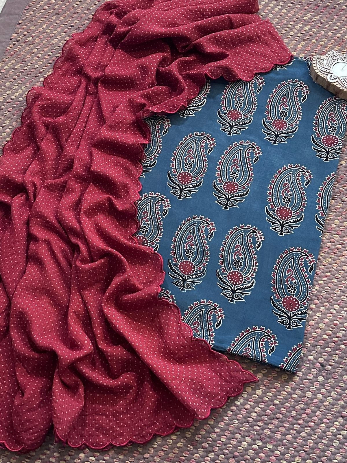 Ajrakh Cotton Malmal Handblocked Set- Top & Dupatta